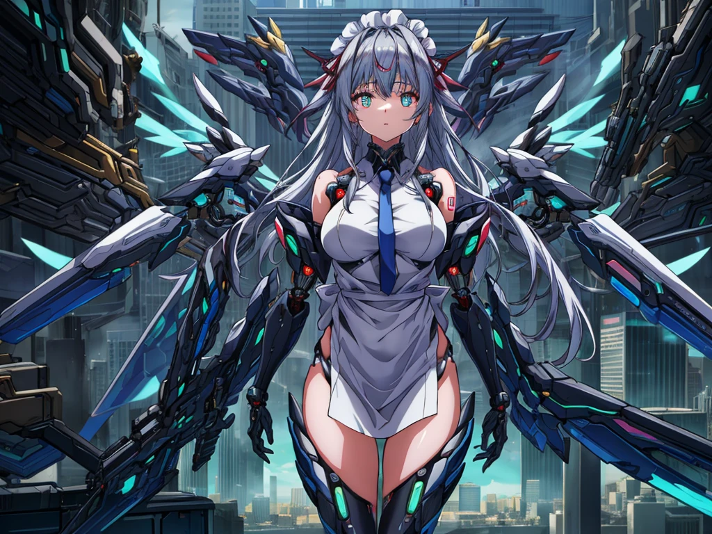 top-quality、ighly detailed、​masterpiece、((1girl in))、silber hair、length hair、Floating hair、、Cyber City、Neon building、(The upper part of the body:1.05)、extremely_Detailed_Eyes_And_Face,cybernetic wings mechanical wings、Random posture、Skyscraper、、Mechumusume、shrine maiden clothe,maid clothes、Random angles、anime styled,cowboy  shot