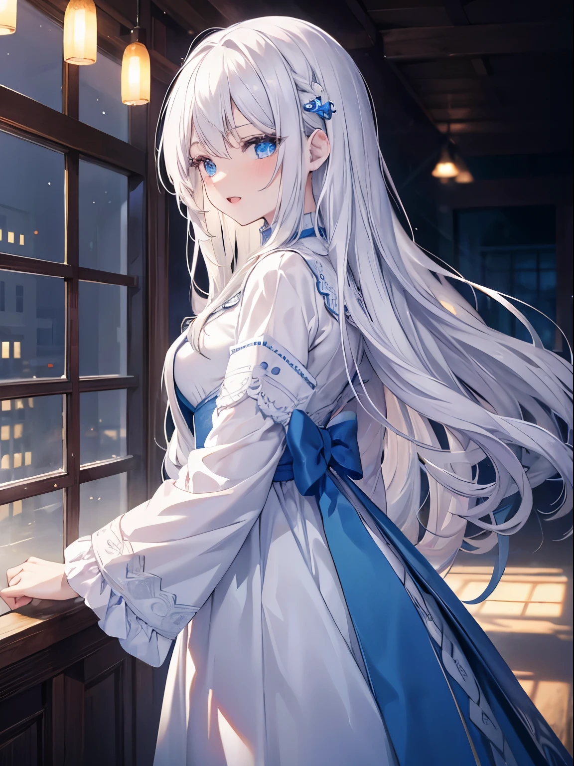 masutepiece, Highest Quality, (Perfect face:1.1), (high detailing:1.1), (ultradetailed eyes), Dramatic, superfine illustration, Extremely detailed, 1girl in, (pale skin), long white hair, Ethereal eyes, Blue eyes,tareme, (light eyebrow),blush,Solo,Smile, Happy, Laugh, Enjoy, Open mouth, Pouty lips,Cinematic lighting, looking for viewer,from side,Cowboy Shot,Long sleeve,Blue Princess dress, indoor,winter backgraund