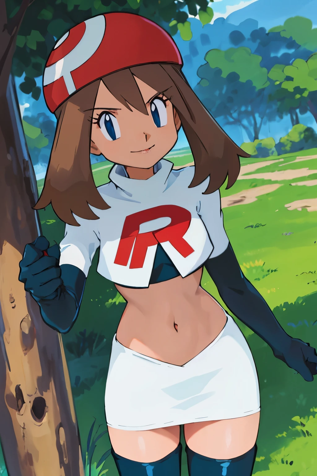 masterpiece, best quality, highres, outdoors, 1girl, solo, may (pokemon), glossy lips ,team rocket uniform, red letter R, white skirt,white crop top,black thigh-high boots, black elbow gloves, evil smile, looking at viewer, cowboy shot, hand on chest