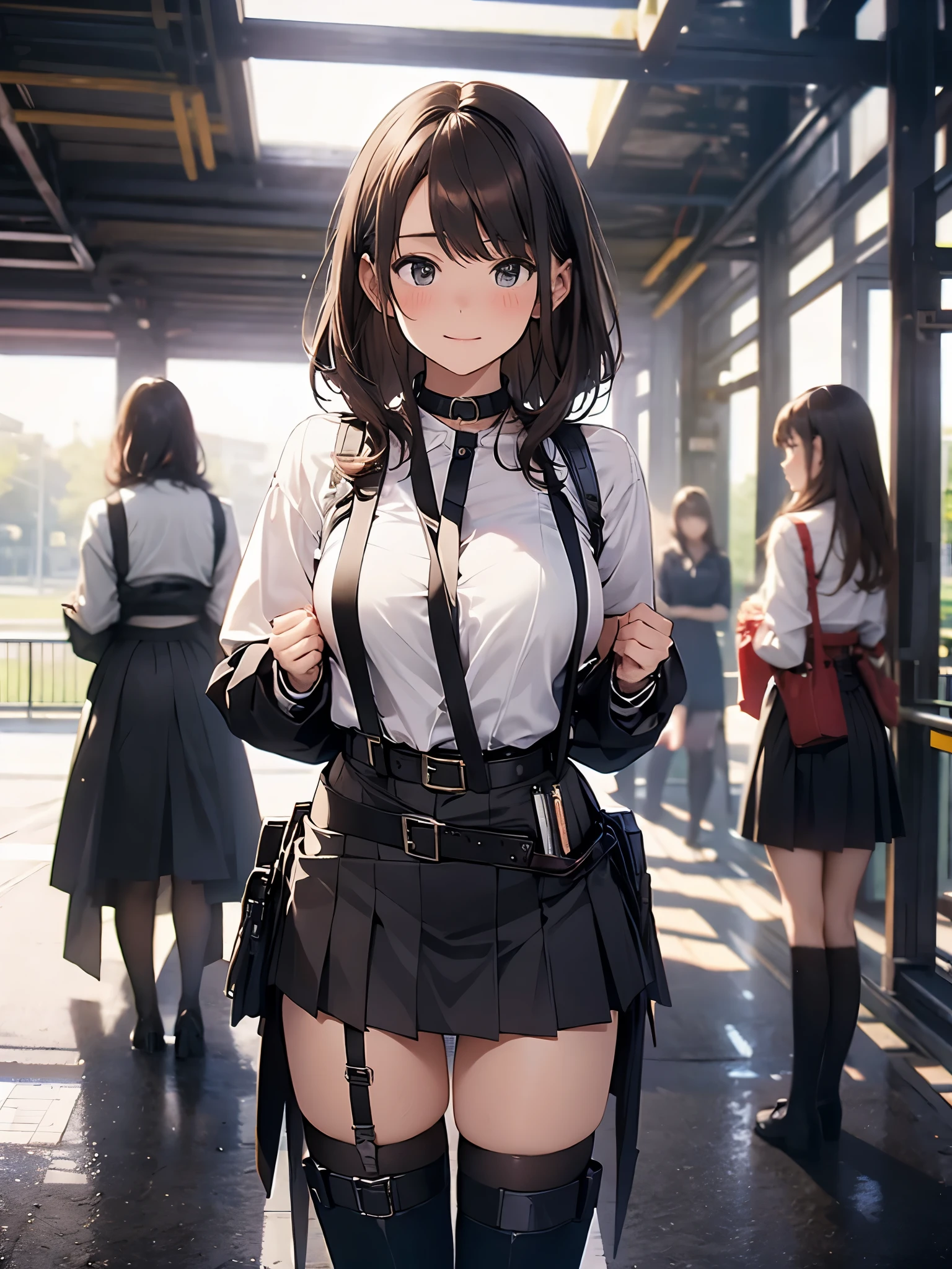 Brown hair、watching at viewers　　　black suspenders　　　Bulging big breasts　　 　 　　　walls: 　Black miniskirt　garters　　　　　　Gaze　　　Small face　bangss 　　　holster　　　Beautuful Women　　hands up　　レッグholster ベッドに横たわる　　Gaze 　black boots panty shot　provocation　flank　flank汗　soio 　arm　inside of a car　Fold your hands behind your back　a belt