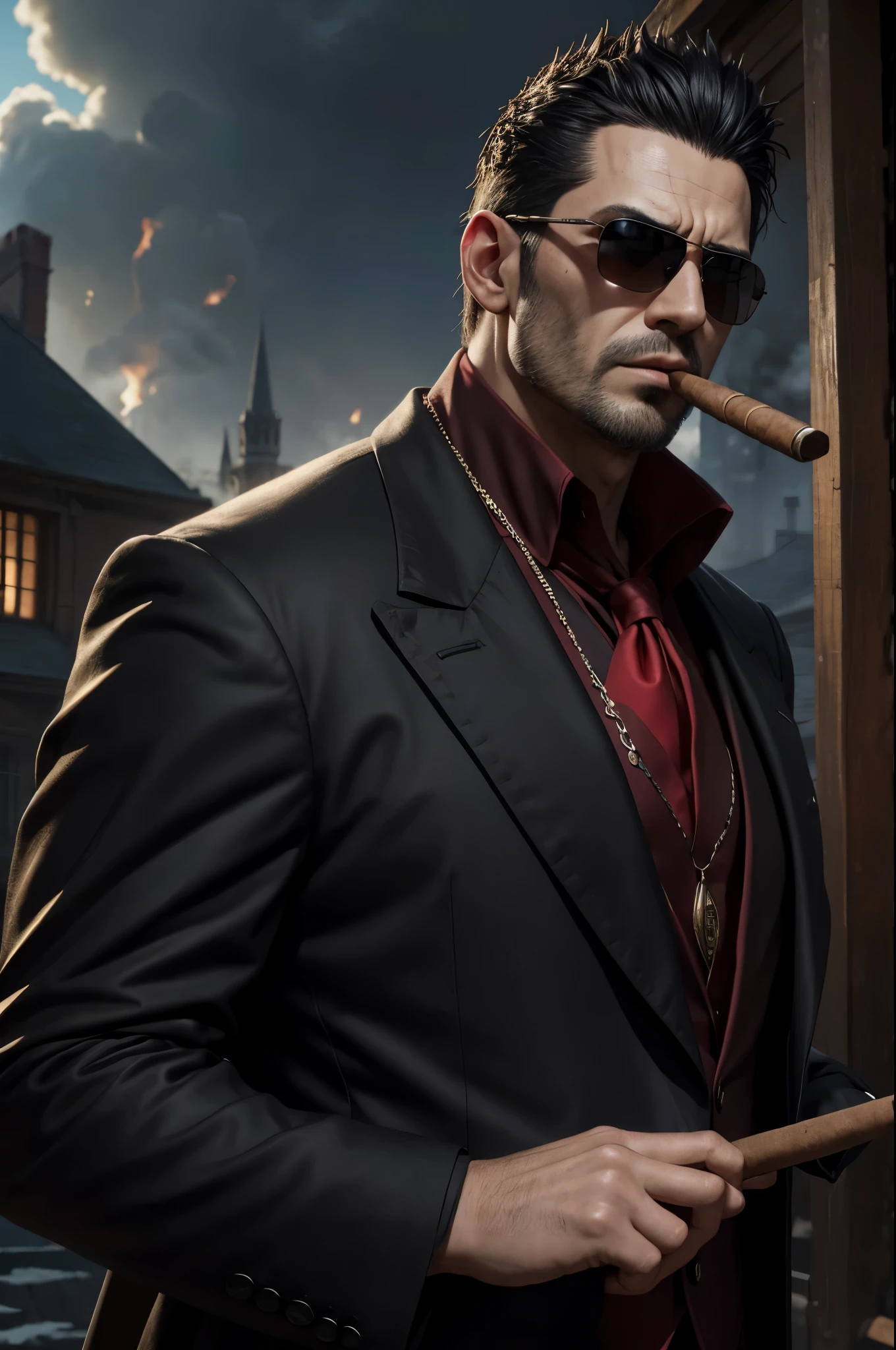 8K,Black hedgehog(Tiere),masutepiece, Black hedgehog, mafia boss costume,Chew a cigar,red stole around the neck,matrix style, Black coat, Sunglasses, Cool pose, Best Quality, big scar on cheek,Super precise big scar on the face,超A high resolution,A hyper-realistic,Fantasyart,character art,smoke rising from a cigar,direct one&#39;s gaze toward the viewer,In front of a mansion in medieval Europe,precision hedgehog hair,