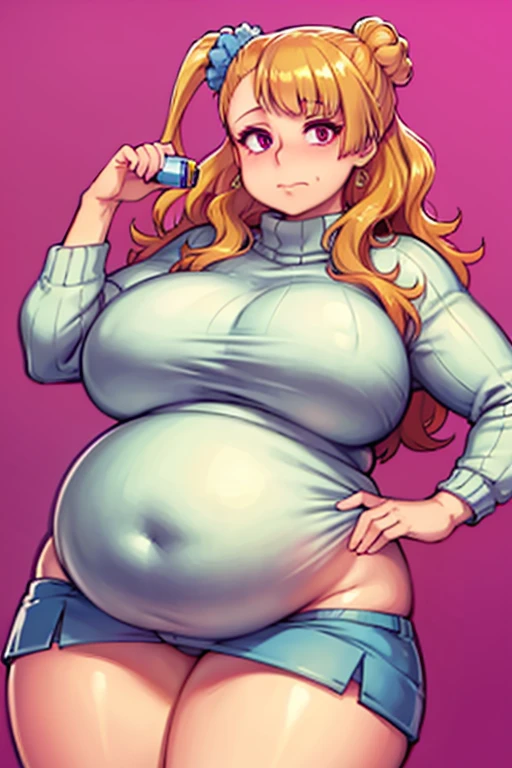 Fat, chubby, large belly, pregnant, obese, very fat, Galko, big belly, very fat, large stomach, chubby (best quality, masterpiece), thanksgiving, wearing sweater, measuring her waist with a tape measure, tape measure wrapped around her waistline, she has a tape measure around her waist, tape measure around middle