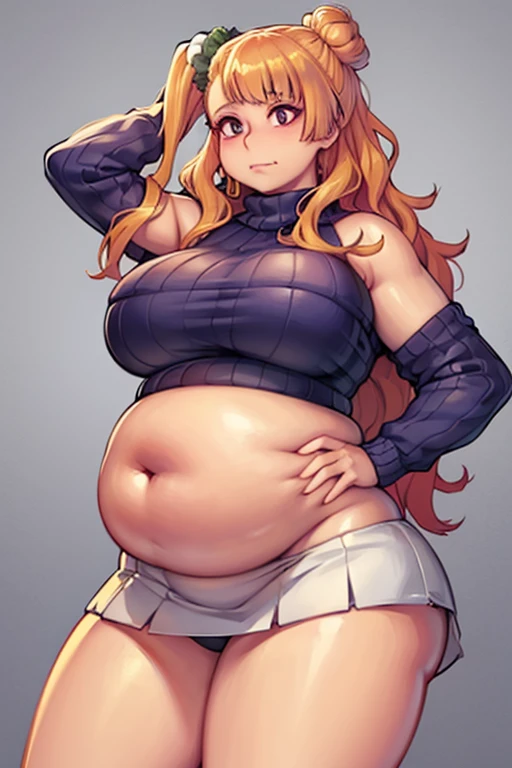 Fat, chubby, large belly, pregnant, obese, very fat, Galko, big belly, very fat, large stomach, chubby (best quality, masterpiece), thanksgiving, wearing sweater, measuring her waist with a tape measure, tape measure wrapped around her waistline, she has a tape measure around her waist, tape measure around middle