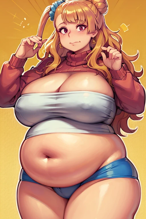Fat, chubby, large belly, pregnant, obese, very fat, Galko, big belly, very fat, large stomach, chubby (best quality, masterpiece), thanksgiving, wearing sweater, measuring her waist with a tape measure, tape measure wrapped around her waistline, she has a tape measure around her waist, tape measure around middle