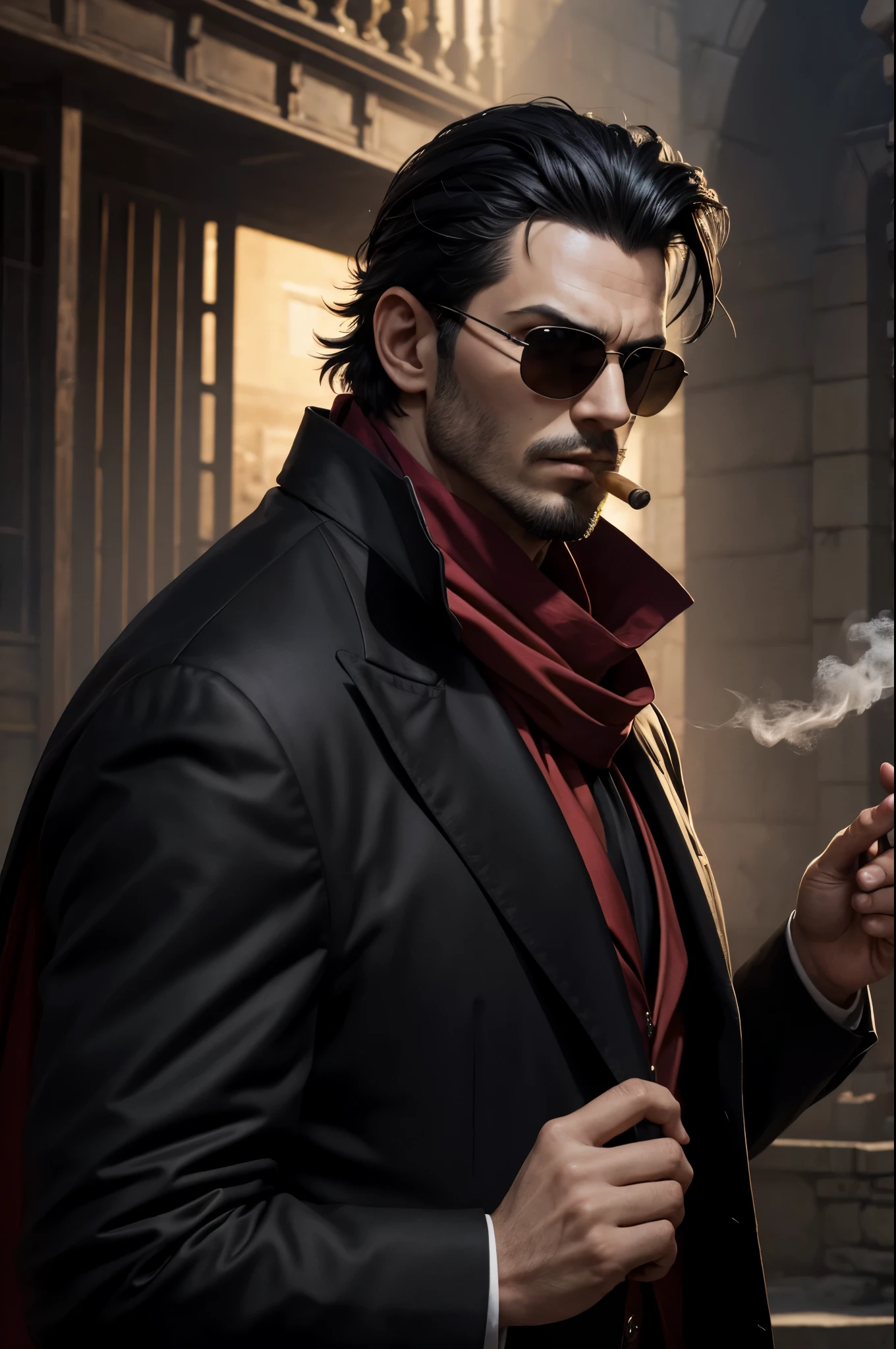 8K,Black hedgehog(Tiere),masutepiece, Black hedgehog, mafia boss costume,Chew a cigar,red stole around the neck,matrix style, Black coat, Sunglasses, Cool pose, Best Quality, big scar on cheek,Super precise big scar on the face,超A high resolution,A hyper-realistic,Fantasyart,character art,smoke rising from a cigar,direct one's gaze toward the viewer,In front of a mansion in medieval Europe,precision hedgehog hair,