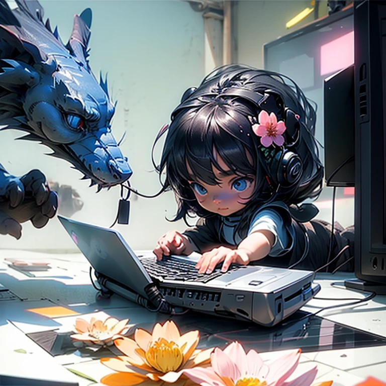 Little Child, lives in a computer world, with beautiful flowers