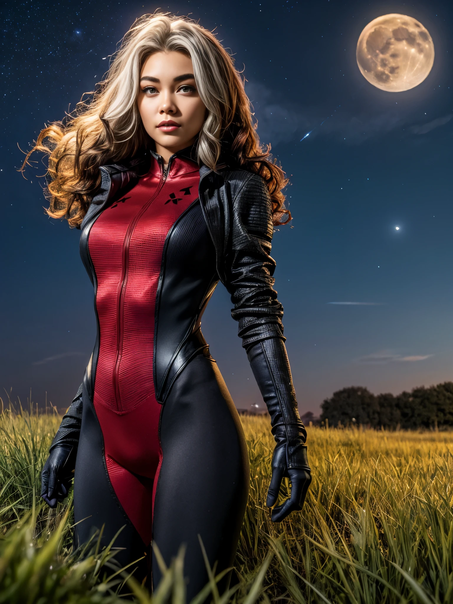 Madison Beer as Rogue, looking at viewer, short hair, Xtreme,jacket, sky, red and black bodysuit, red bodysuit, night, moon, grass, star (sky), night sky, full moon, starry sky, specular highlights, Rogue of the X-men, dynamic lighting, rim lighting, sci fi