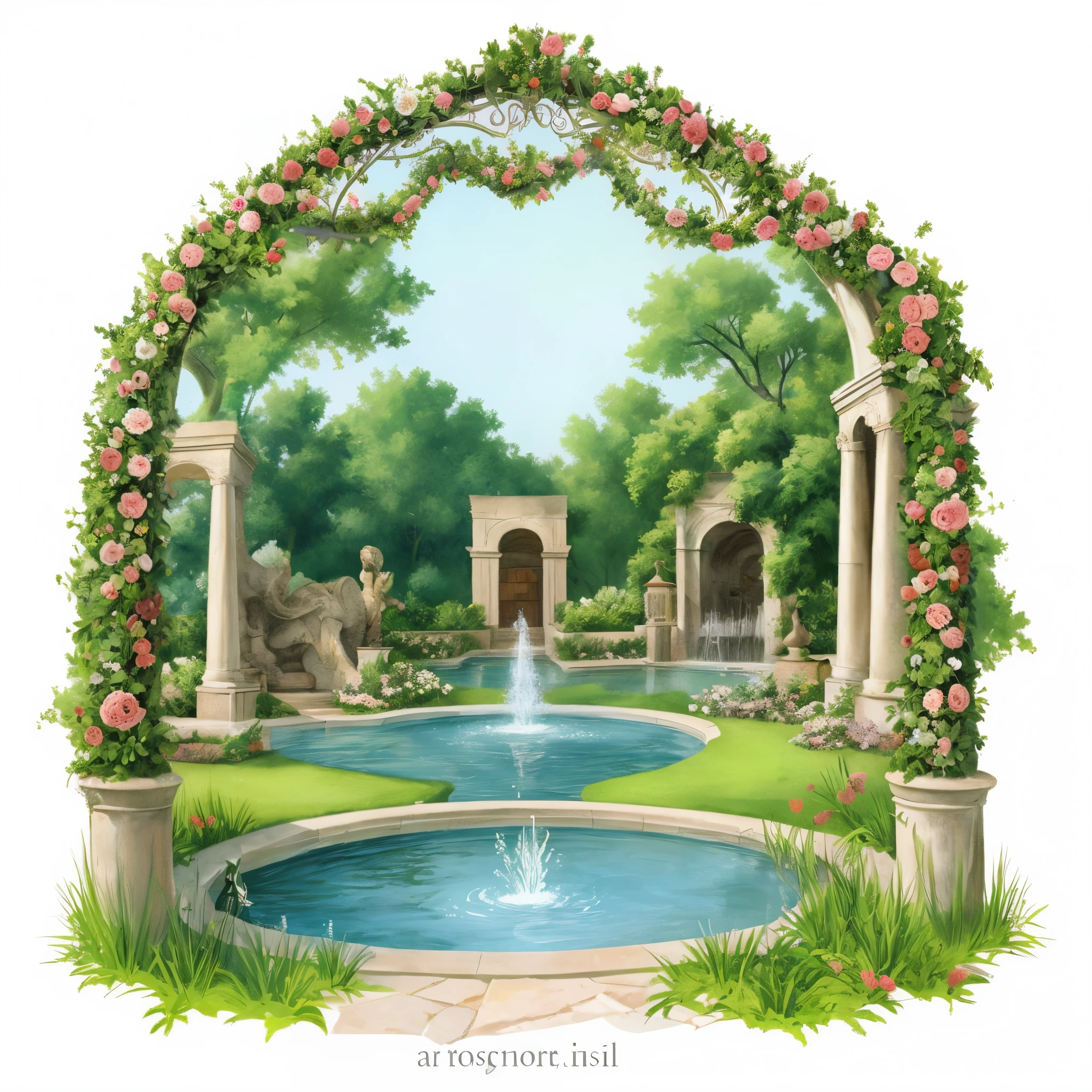 There is a garden，There are fountains and flowers, Portal made of white roses, romantic art style,landscape artwork, A beautiful artistic illustration, Fountains and arches, royal garden background, White rose garden, , beautiful artist rendering,