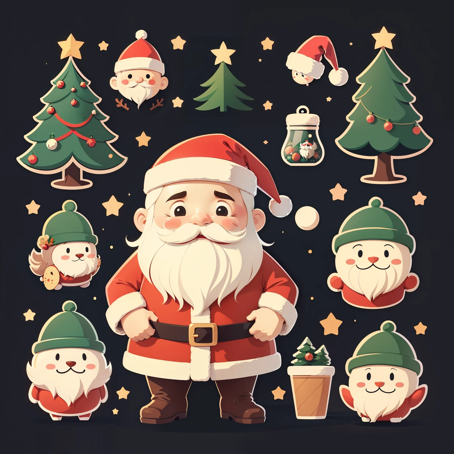 (((One sticker:1.37)))。Christmas theme,Merry Christmas,Graphic design:1.37,Vector graphics,stickers illustrations,High quality design vector style image,bearded santa claus,Clean black background, Professional vector,
