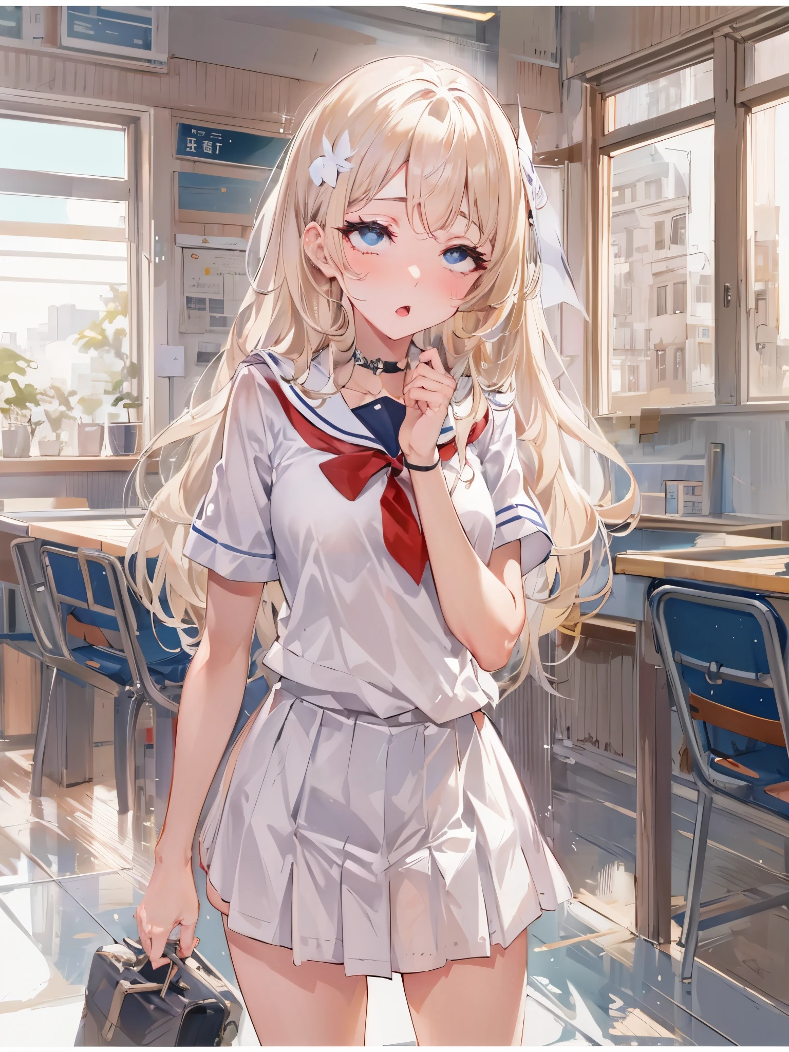 top-quality、realistic touch,high-detail、photoRealstic、thin-waist、captive beauty、big eye、solid platinum-blonde eyelashes、platinum-blonde、full body Esbian、Sparkling eyes, cheeks flushed、Kamimei、thin-waist、Voluptuous thighs、In the classroom of  the school、She is in estrus、a sailor suit、cocky expression、Colossal tits、Super short skirt with V-line visible、Sleeveless、Crouch with legs open、Fold your hands behind your head、Multiple people