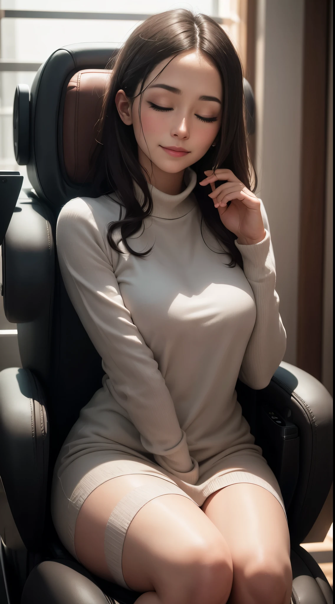 A woman sitting in the modern, state-of-the-art massage chair, looking extremely relaxed and content. She should have a blissful expression, possibly with her eyes closed, to convey a sense of ultimate relaxation and satisfaction. The setting is a contemporary space that complements the luxurious and innovative feel of the chair. This image should capture the comfort and technology of the chair, showing the woman in a moment of exceptional relaxation.