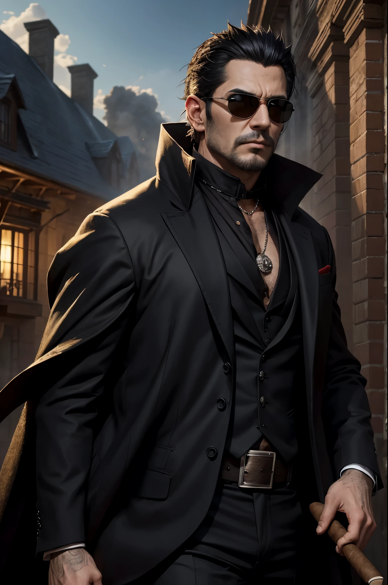 8K,Black hedgehog(Tiere),masutepiece, Black hedgehog, mafia boss costume,Chew a cigar,red stole around the neck,matrix style, Black coat, Sunglasses, Cool pose, Best Quality, big scar on cheek,Super precise big scar on the face,超A high resolution,A hyper-realistic,Fantasyart,character art,smoke rising from a cigar,direct one's gaze toward the viewer,In front of a mansion in medieval Europe,precision hedgehog hair,
