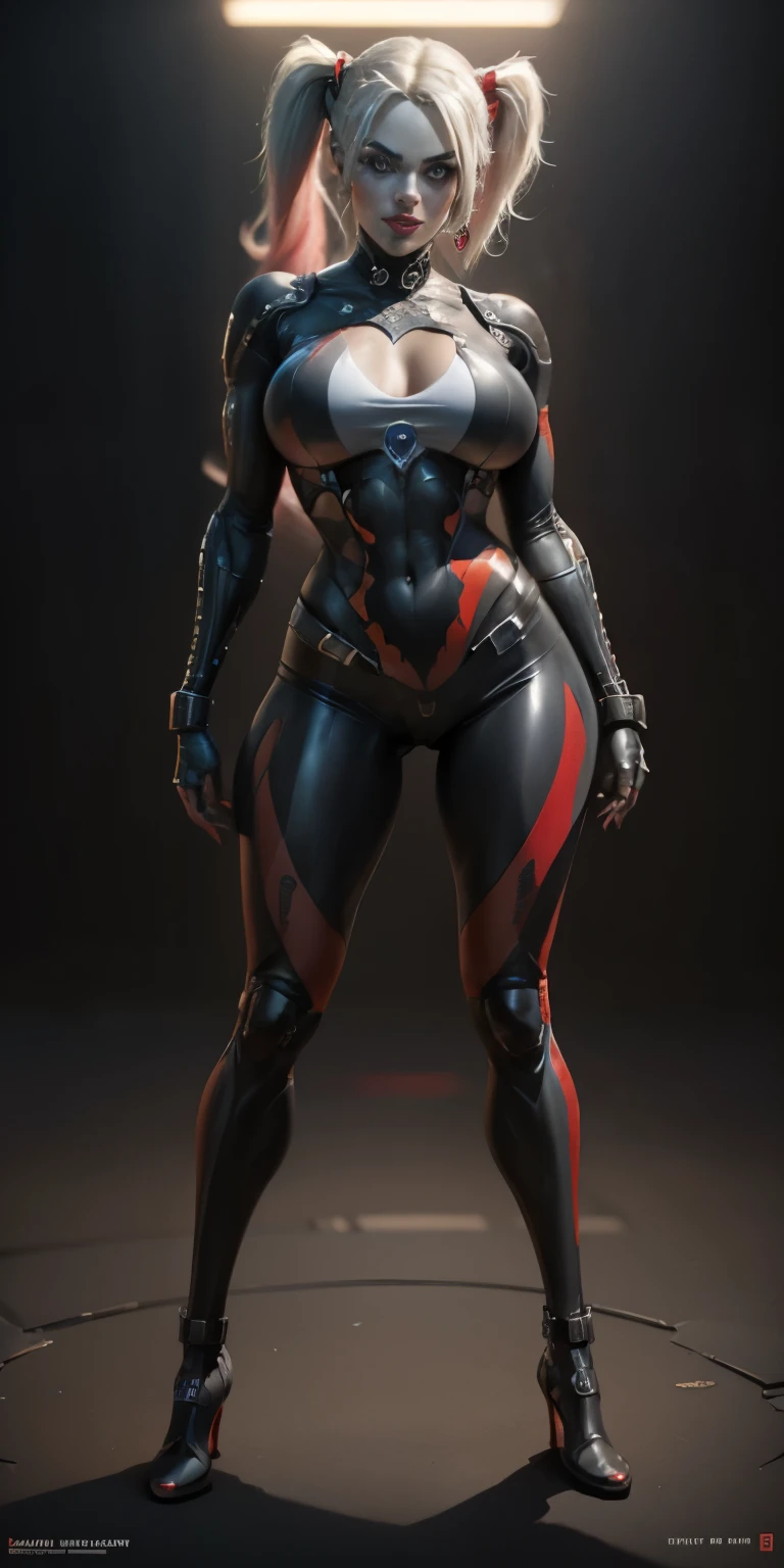 Harley Quinn from DC, big breasts, frontal, full-length, looking at the camera, facing the audience, standing pose,  background, three-dimensional light, detailed full-body concept, sleek digital concept art, beautiful full-body concept art, art trend, CGsociety full-length,