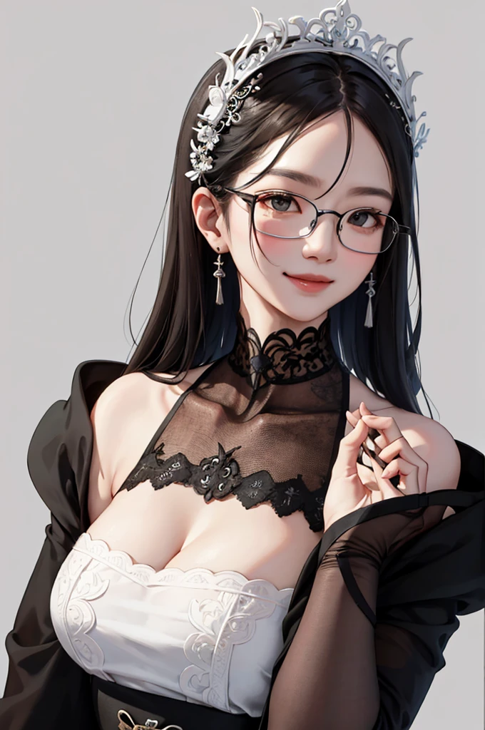 (masuter piece:1.2、top-quality)、(Real Photographics、intricate-detail)、1lady、独奏、The upper part of the body、rcasual、Long、Minimal make-up、Natural Fabric、facial close-up、a smile、home、Round-rimmed glasses