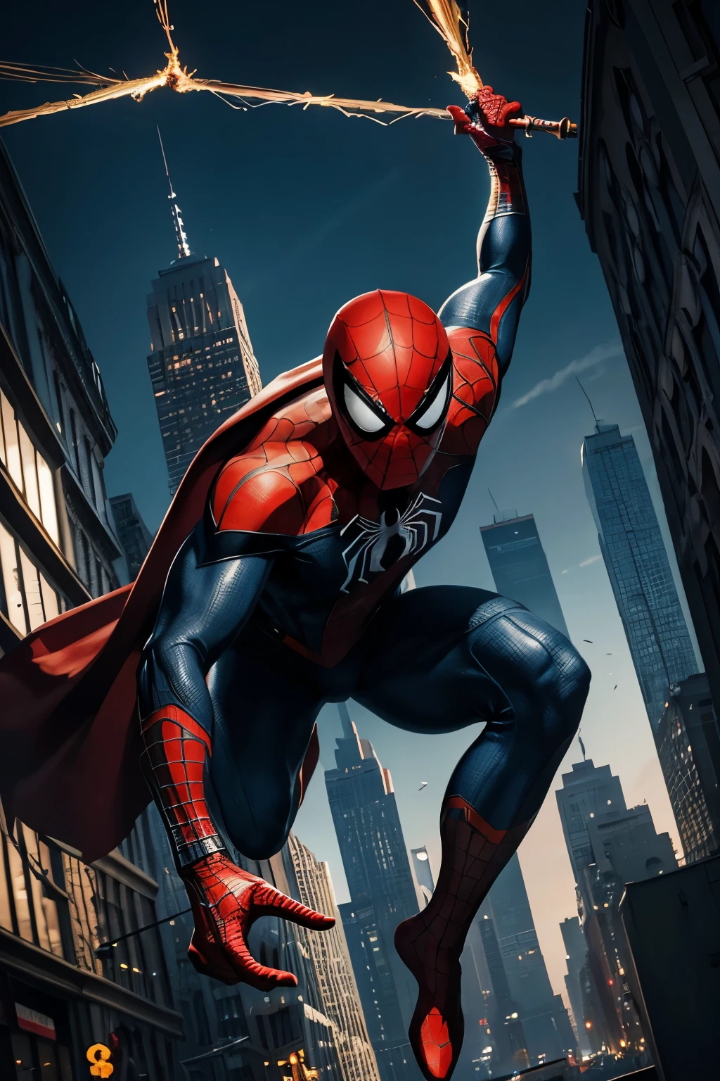 Spider-Man, giant spider, trapped, web, detailed web, intricate web patterns, struggling, intense expression, superhero, Marvel, action-packed, dynamic pose, tension, danger, suspense, vivid colors, dramatic lighting, realistic, high-resolution, HDR, masterpiece:1.2, cinematic style, comic book art, Marvel Universe, superhero costume, spider suit, iconic red and blue, web-shooters, acrobatic, swinging, New York City skyline, buildings, urban setting.