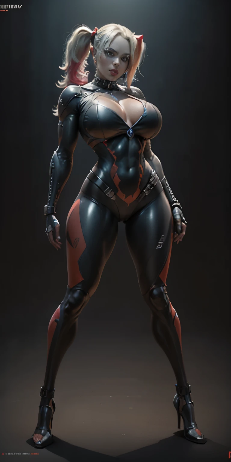 Harley Quinn from DC, big breasts, frontal, full-length, looking at the camera, facing the audience, standing pose, background, three-dimensional light, detailed full-body concept, sleek digital concept art, beautiful full-body concept art, art trend, CGsociety full-length,