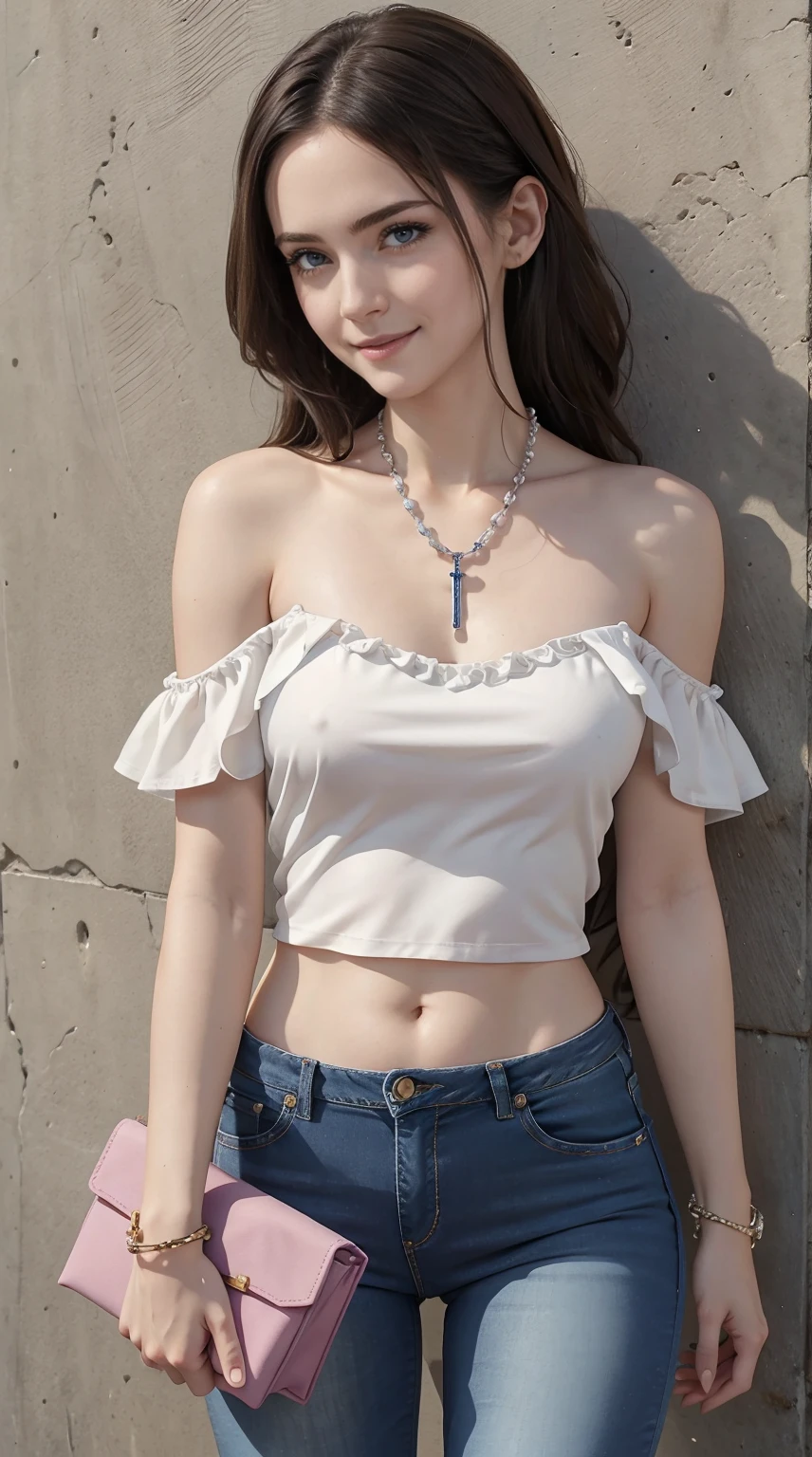 26 year old white woman、Hair is brunette、Eye color is blue、Longhaire、Slender but well-proportioned muscular body、She is wearing a frilly one-shoulder top.、wearing skinny jeans、wearing a rosary necklace、accessories on the wrist、setting hair、a smile、I have a clutch bag、Art is in front of a wall written on it、I'm so excited