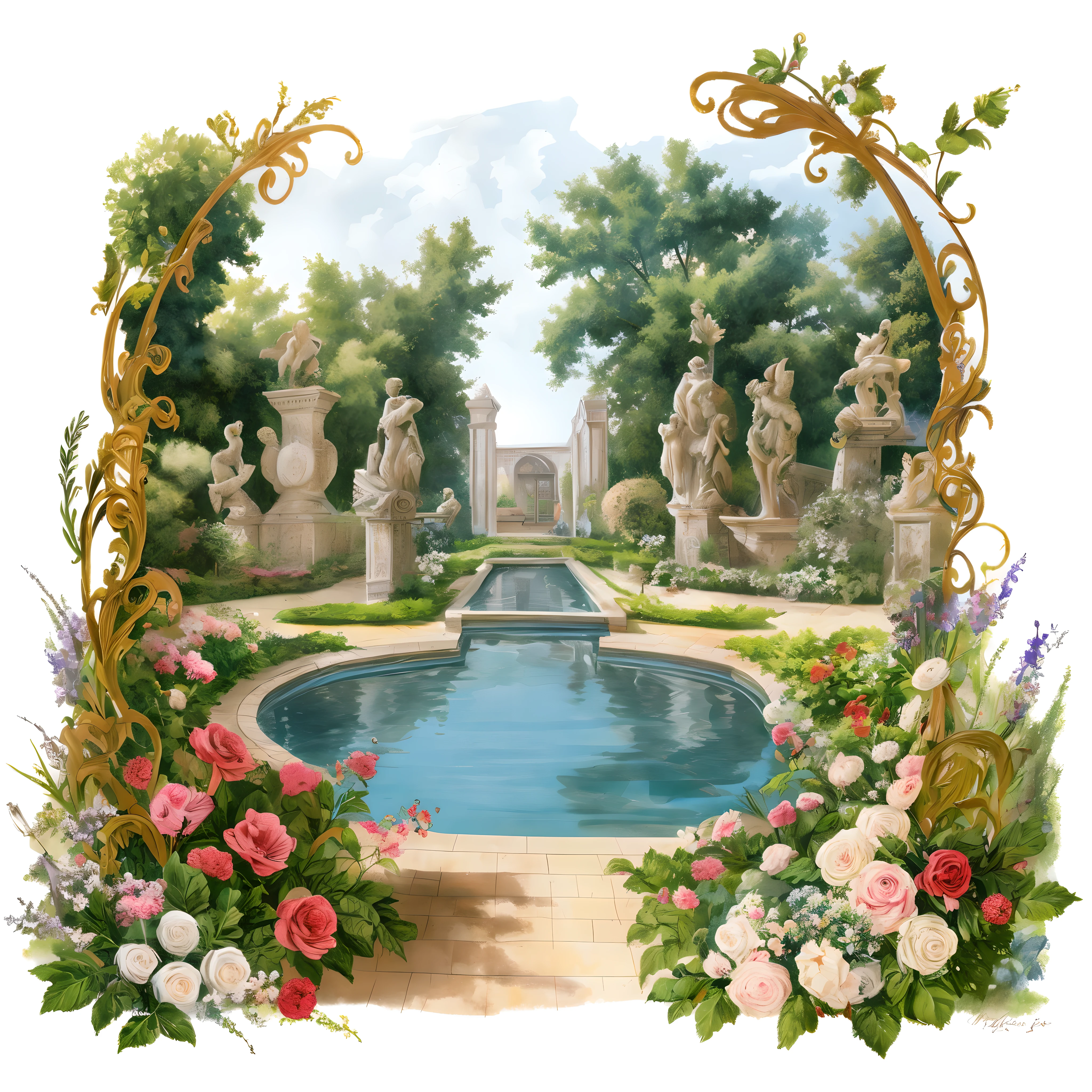 There is a garden，There are fountains and flowers, Portal made of white roses, Romantic art style,landscape artwork, A beautiful artistic illustration, Fountains and arches, royal garden background, White Rose Garden, , beautiful artist rendering,