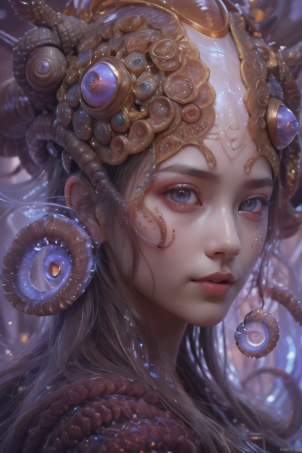 Portrait, (beautiful female alien:1.2), (There is a female genital-like organ in the middle of the forehead.:1.8), (The most beautiful face in the history of the universe:1.2), (scarlet eyes:1.6), (Translucent skin:1.8), an evil gaze that seduces , (red eyes:1.5), Full body like, (sexypose:1.5), alien, No humans, cells are fused, (Lots of translucent tentacles:1.1) (Translucent skin:1.3), extraterrestrial, cell, bio image, 魅惑的, Best Quality, 8K,4K_quality, High Definition, Dramatic Lighting, masutepiece:1.5,cinematic quality, detail up, (Intricate details:1.2), High resolution, High Definition, drawing faithfully, (Thick eyebrows:1.2), Beautiful eyes with fine symmetry, (Ultra detailed eyes:1.2),(Highly detailed face and eyes:1.2), (High-resolution red-eye:1.4), Intimate face, (Super detailed skin quality feeling:1.4), Perfect Anatomy, (Beautiful toned body:1.5), (Moist skin:1.2), No makeup, (dark circles:1.1), long canines, cinematic drawing of characters, ultra high quality model, cinematic quality, detail up, (Intricate details:1.2), High resolution, High Definition, drawing faithfully, Official art, Unity 8K wall , 8K Portrait, Best Quality, Very High resolution, ultra detailed artistic photography, midnight aura, unreal enginee 5, Ultra Sharp Focus, art by alberto seveso, ArtGerm, Roisch, intricate artwork, Medusa, best quality, masutepiece, ultra High resolution, (photos realistic:1.4), Ultra-realistic realism, dream-like, nautilus, Creation of fantasy, Snail, Dream Snail, biopunk nautilus, Thrilling color schemes, Ultra-realistic realism, seductively smiling, Blue tentacles