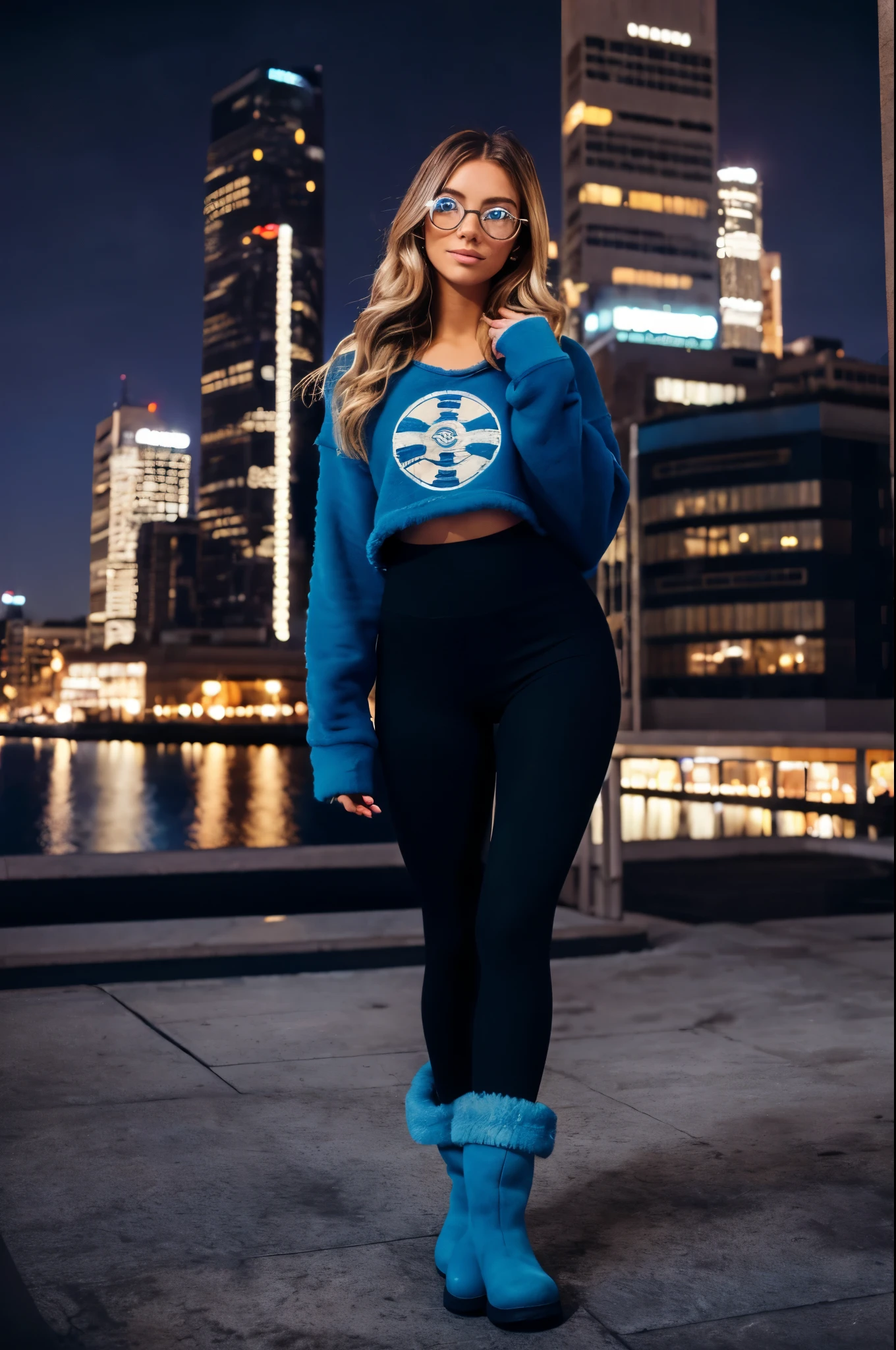 1woman, ombré blonde balayage hair, beautiful blue eyes, freckled face, circle glasses, creame sweatshirt, seamless black leggings, fuzzy faux fur boots, ugg style boots, night city background, full body portrait, raw photo.