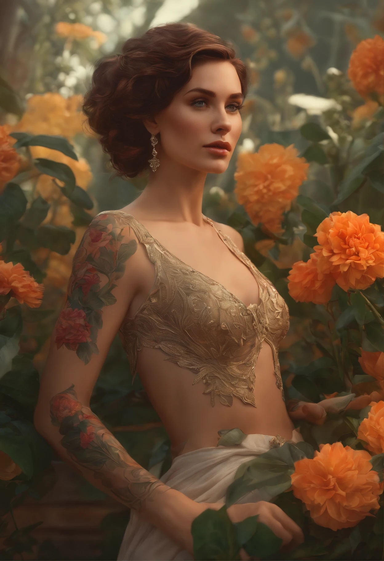 Perfect women, tattooed, flowers, by Ed Blinkey, Atey Ghailan, Alphonse Mucha, Antonio Moro, trending on ArtStation, trending on CGSociety, Intricate, High Detail, Sharp focus, dramatic, action movie poster, photorealistic art by midjourney and greg rutkowski
