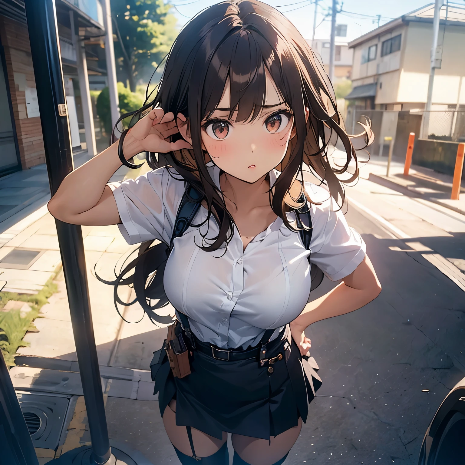 Brown hair、watching at viewers black suspenders Bulging big breasts walls: Black miniskirt garters Gaze Small face bangss holster Beautuful Women hands up レッグholster ベッドに横たわる Gaze black boots panty shot provocation flank flank汗 soio arm inside of a car Fold your hands behind your back a belt
