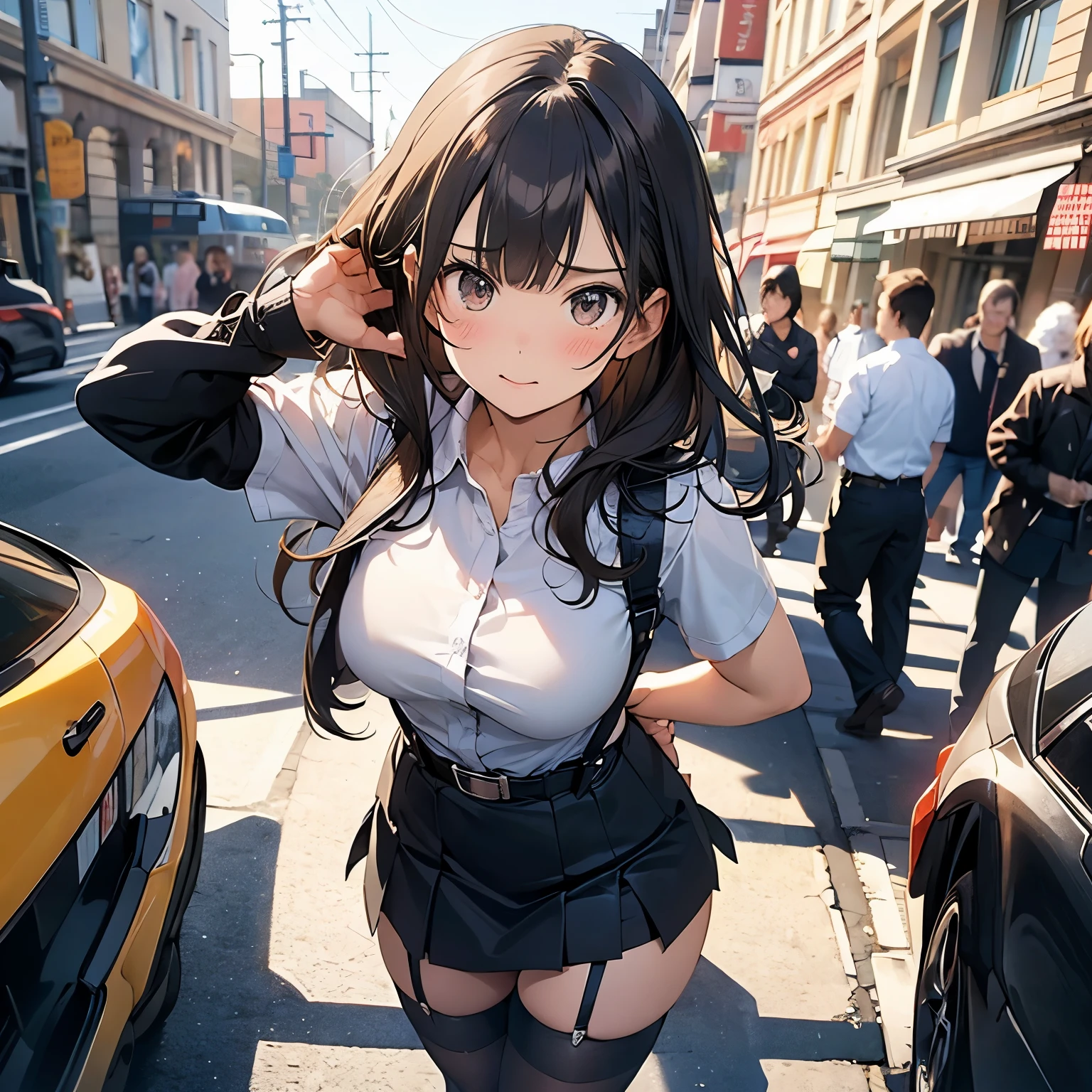 Brown hair、watching at viewers　　　black suspenders　　　Bulging big breasts　　 　 　　　walls: 　Black miniskirt　garters　　　　　　Gaze　　　Small face　bangss 　　　holster　　　Beautuful Women　　hands up　　レッグholster ベッドに横たわる　　Gaze 　black boots panty shot　provocation　flank　flank汗　soio 　arm　inside of a car　Fold your hands behind your back　a belt
