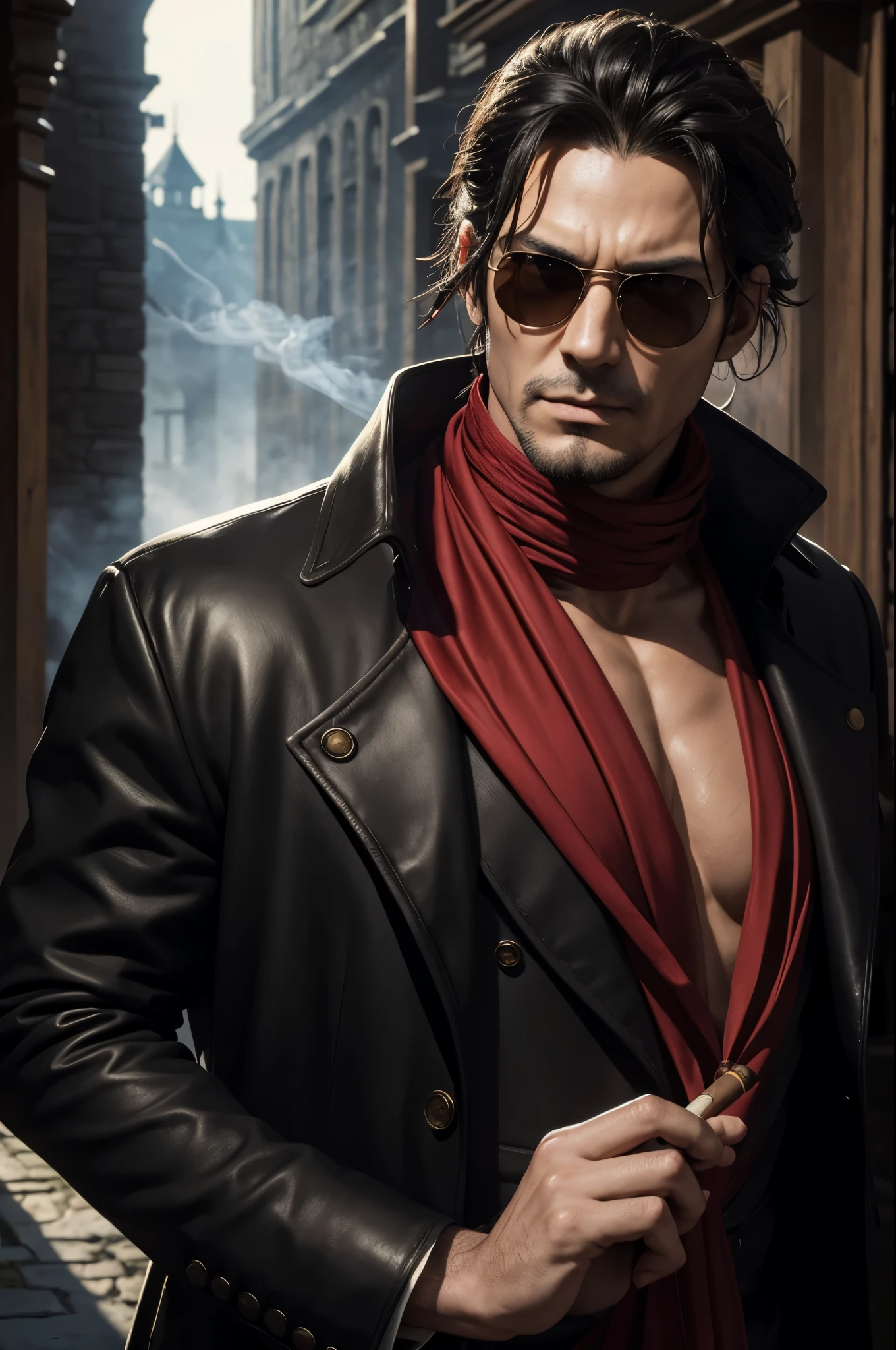 1 boy, smoking, detailed tattoos on arms, button up long sleeve shirt, wearing sunglasses, cold, wearing a suit coat, high resolution, 8k, masterpiece, maroon coat, dramatic lighting, chiaroscuro, moody atmosphere, cinematic, photorealistic, sharp focus, hyperrealistic, exquisite details, elegant, sophisticated, brooding expression, confident pose, edgy, urban, gritty, manhwa style, beard