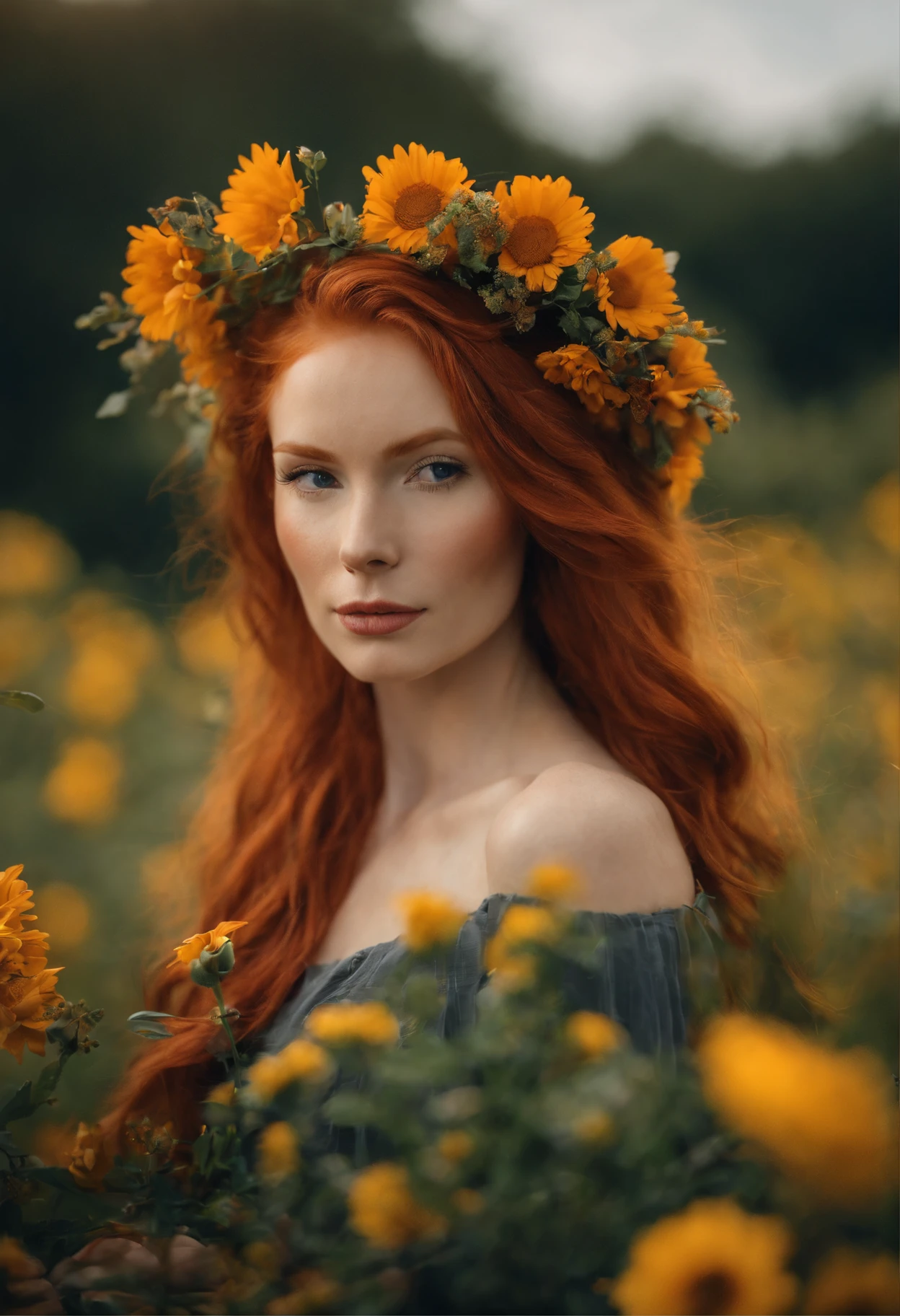Arafed woman with red hair and flower crown on flower field, beautiful redhead woman, red haired goddess, redhead girl, redhead woman, flowing redhead hair, redhead girl, wild redhead hair, Wavy hair yellow theme, redhead girl, огненно-redhead hair, long redhead hair, redhead hair, red head, Orange skin and long fiery hair