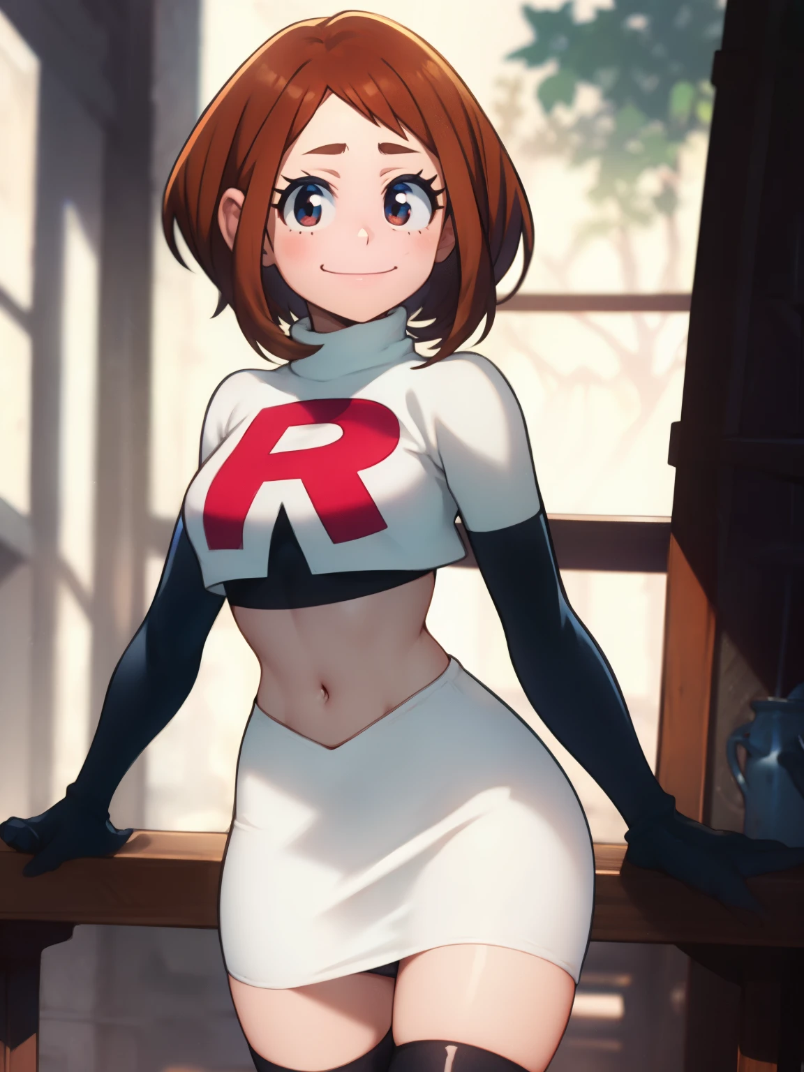 ochaco_uraraka, glossy lips ,team rocket uniform, red letter R, white skirt,white crop top,black thigh-high boots, black elbow gloves, evil smile, looking at viewer, cowboy shot
