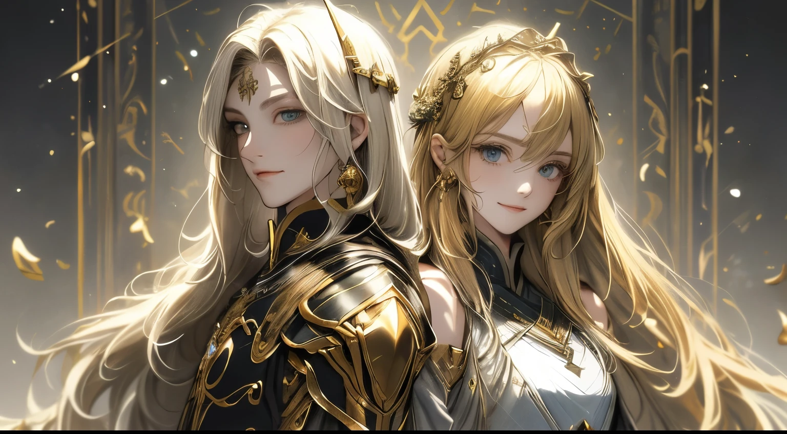 masterpiece: 1.7, top-quality、(Highly detailed CG、ultra-detailliert、Best Shadow:1.3)、独奏、Painterly、sketch、 Texture、超A high resolution、extra detailed face、Highly detailed eyelat colors、limited pallete、highcontrast、realisitic、The best lighting、Graceful、Leprechaun、Beautuful Women、Black Knight、Wearing armor、green eye rack、Golden hair、Straight hair、a little bit smile、blanche:1.5、