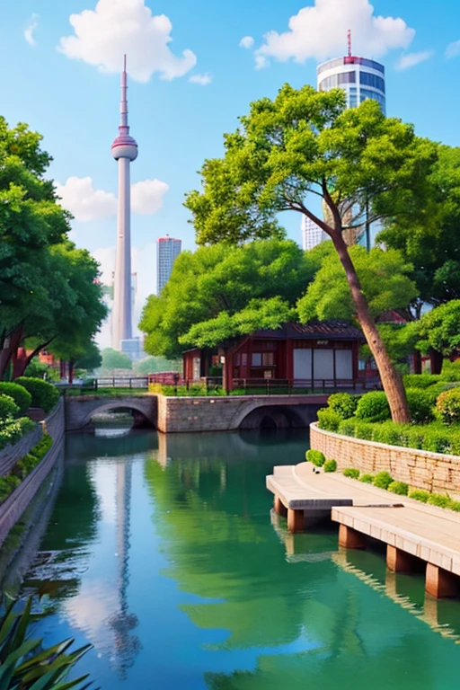 Shahe city scenery。there are waters,There are tall buildings,There are pandas,There is a TV tower。Bright colors