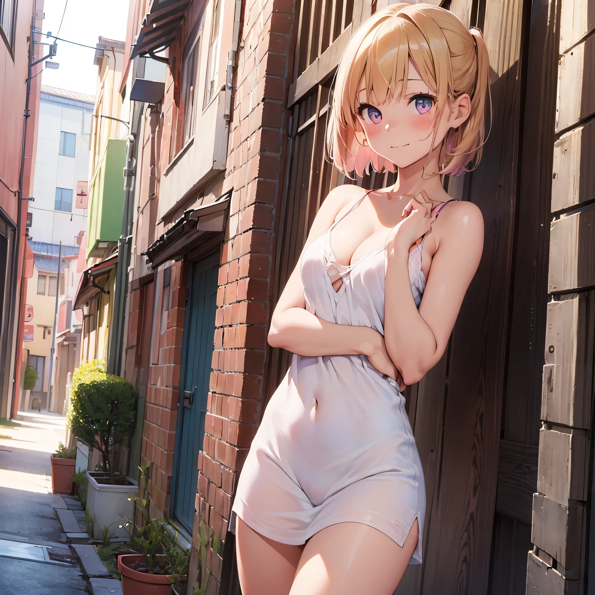 (masterpiece:2.0), (top-quality:2.0), (naked in the alley:1.5), (Tiny pink T-back camisole dress:1.5), (Perfect exposed shoulders:1.5), (Perfect exposed nape:1.5), (Super Sexy Pose:1.5), (blushed face:1.5), (hide crotch with hands:1.5), (hiding chest with hands:1.5), (Spilling:1.5), (Realistic:1.5), Naked, 1 , Precise little hands, Embarrassed look, lightsmile, Look at me and smile, a very pretty girl, Innocent face, Young Face, Clear eyes, Shining eyes, tiny chest, shoulders can be seen, I can see the cleavage, the lower abdomen is visible, buttocks visible, The crotch is visible, No pubic hair, Dynamic Posing, Beautiful skins, ultra-definition, Top resolution, Japan High Schoololden hair