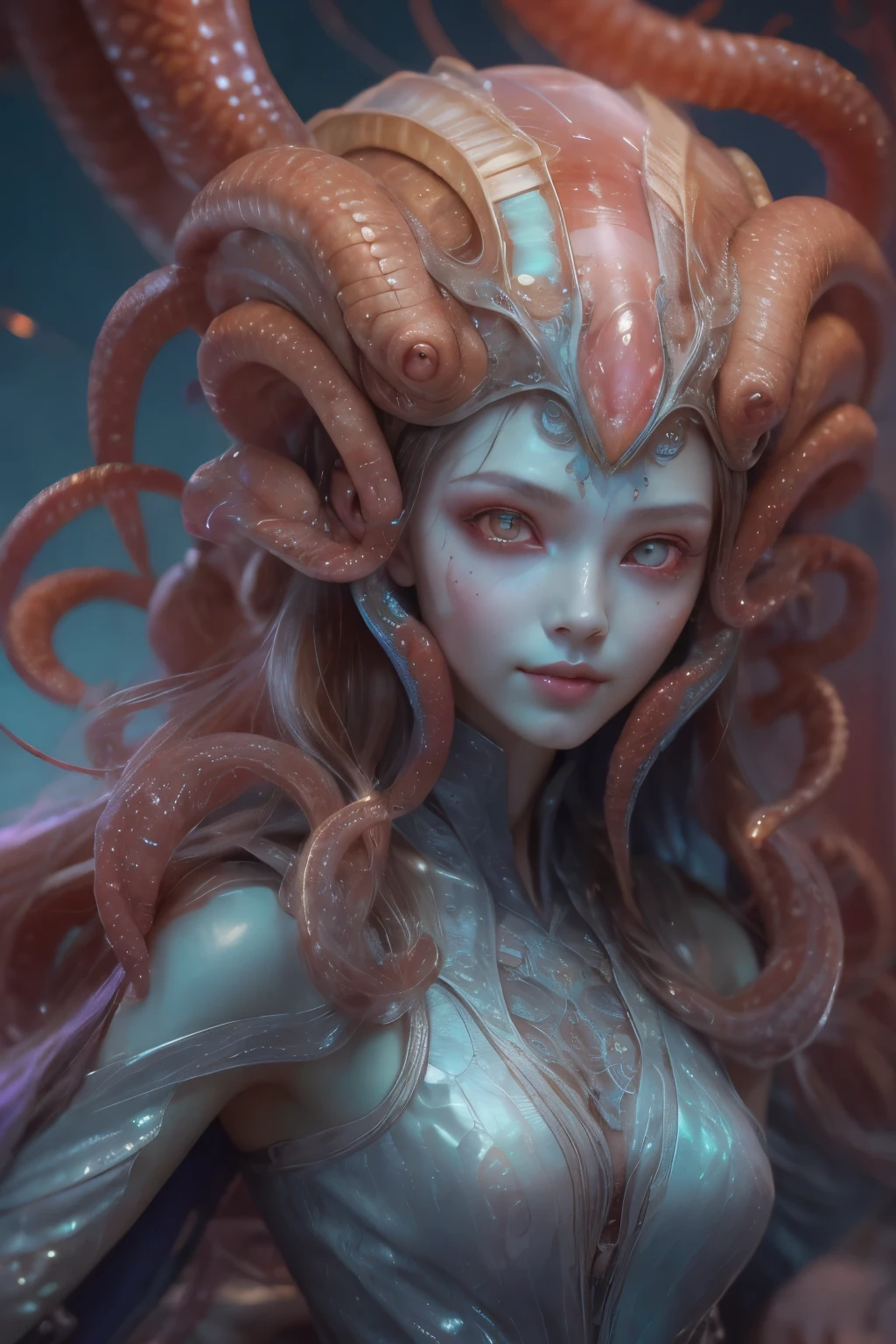 Portrait, (beautiful female alien:1.2), (There is a female genital-like organ in the middle of the forehead.:1.8), (The most beautiful face in the history of the universe:1.2), (scarlet eyes:1.6), (Translucent skin:1.8), an evil gaze that seduces , (red eyes:1.5), Full body like, (sexypose:1.5), alien, No humans, cells are fused, (Lots of translucent tentacles:1.1) (Translucent skin:1.3), extraterrestrial, cell, bio image, 魅惑的, Best Quality, 8K,4K_quality, High Definition, Dramatic Lighting, masutepiece:1.5,cinematic quality, detail up, (Intricate details:1.2), High resolution, High Definition, drawing faithfully, (Thick eyebrows:1.2), Beautiful eyes with fine symmetry, (Ultra detailed eyes:1.2),(Highly detailed face and eyes:1.2), (High-resolution red-eye:1.4), Intimate face, (Super detailed skin quality feeling:1.4), Perfect Anatomy, (Beautiful toned body:1.5), (Moist skin:1.2), No makeup, (dark circles:1.1), long canines, cinematic drawing of characters, ultra high quality model, cinematic quality, detail up, (Intricate details:1.2), High resolution, High Definition, drawing faithfully, Official art, Unity 8K wall , 8K Portrait, Best Quality, Very High resolution, ultra detailed artistic photography, midnight aura, unreal enginee 5, Ultra Sharp Focus, art by alberto seveso, ArtGerm, Roisch, intricate artwork, Medusa, best quality, masutepiece, ultra High resolution, (photos realistic:1.4), Ultra-realistic realism, dream-like, nautilus, Creation of fantasy, Snail, Dream Snail, biopunk nautilus, Thrilling color schemes, Ultra-realistic realism, seductively smiling, Blue tentacles