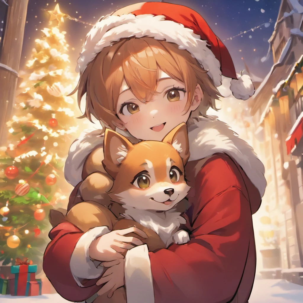 (lively), (best quality,4k,8k,highres,masterpiece:1.2),ultra-detailed,(realistic,photorealistic,photo-realistic:1.37), Lucas, 15-year-old human boy, smiling, beautiful detailed eyes, beautiful detailed lips, wearing a Batman T-shirt and hat, with a puppy dressed as Santa Claus, joyful expression, bright and colorful background, outdoor scenery, sunlight shining through the trees, soft and warm lighting, cheerful atmosphere, showcasing their happy bond, lively and playful, capturing a heartwarming moment, medium: digital art, realistic style, vibrant colors, adorable puppy, well-defined facial features, contagious happiness, Santa Claus costume with furry details and red hat, intricate textures on clothing, warm smiles, dynamic composition, emphasizing the friendship, attention to detail, realistic rendering of fur, playful poses, vibrant and lively atmosphere, holiday spirit, festive vibes, capturing the joy and love between Lucas and his puppy companion.