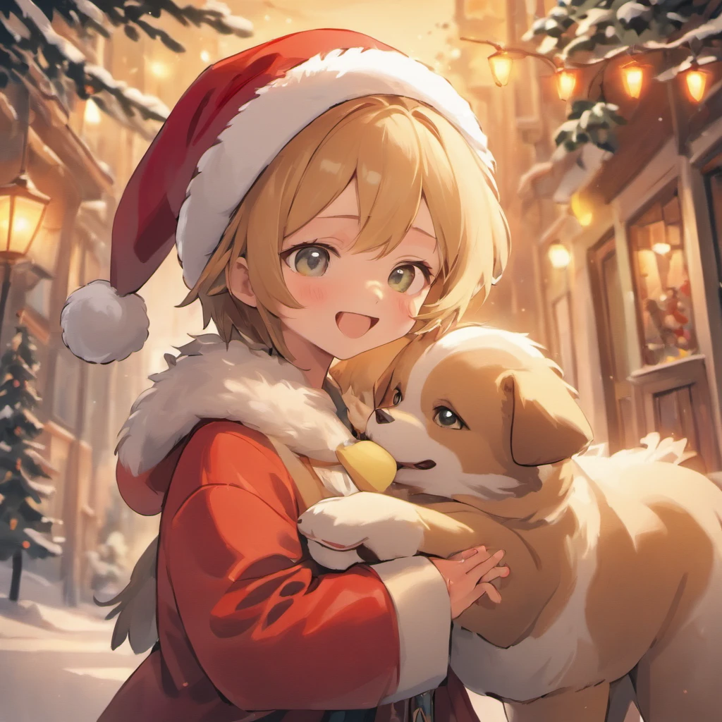 (lively), (best quality,4k,8k,highres,masterpiece:1.2),ultra-detailed,(realistic,photorealistic,photo-realistic:1.37), Lucas, -yeld hu boy, smiling, beautiful detailed eyes, beautiful detailed lips, wearing a Batman T-shirt and hat, with a puppy dressed as Santa Claus, joyful expression, bright and colorful background, outdoor scenery, sunlight shining through the trees, soft and warm lighting, cheerful atmosphere, showcasing their happy bond, lively and playful, capturing a heartwarming moment, medium: digital art, realistic style, vibrant colors, adorable puppy, well-defined facial features, contagious happiness, Santa Claus costume with furry details and red hat, intricate textures on clothing, warm smiles, dynamic composition, emphasizing the friendship, attention to detail, realistic rendering of fur, playful poses, vibrant and lively atmosphere, holiday spirit, festive vibes, capturing the joy and love between Lucas and his puppy companion.