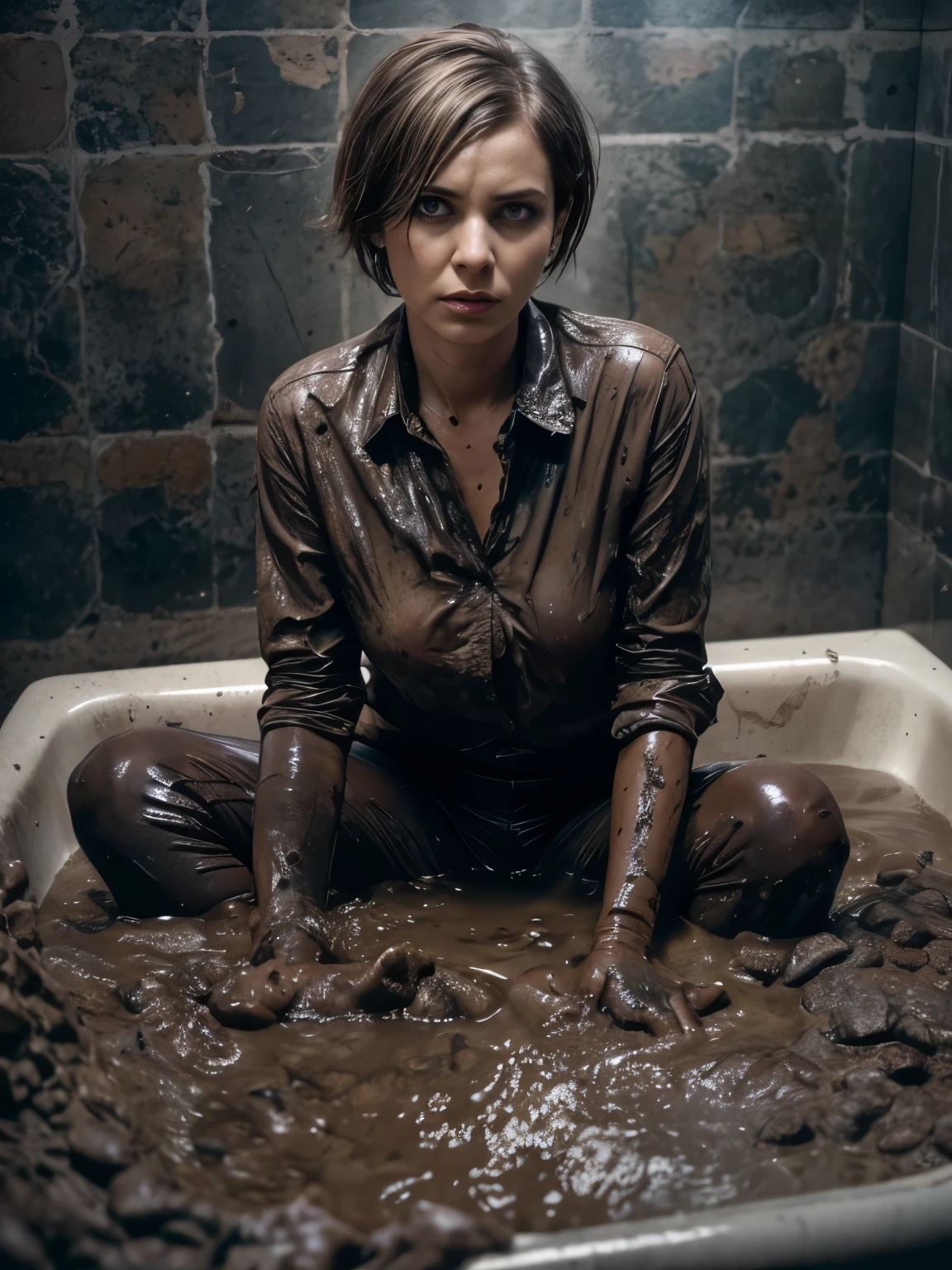 Jeans,(covered with mud:1.2), (Best Quality,hight resolution:1.2),wrinkles,Bob haircut,Detailed eyes and face,expression of despair,blouse,Dark and moody lighting,shameful fetish atmosphere,desperation,Bathroom,(In a mud bath),Fading woman