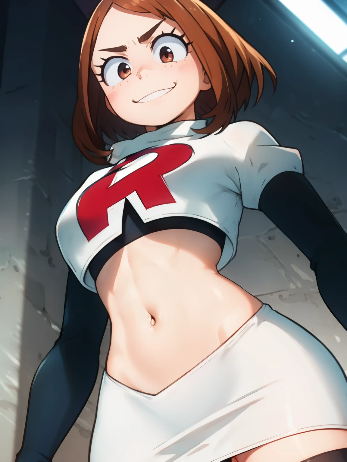 ochaco_uraraka, glossy lips ,team rocket uniform, red letter R, white skirt,white crop top,black thigh-high boots, black elbow gloves, evil sinister smile, evil face ,looking down at viewer, cowboy shot