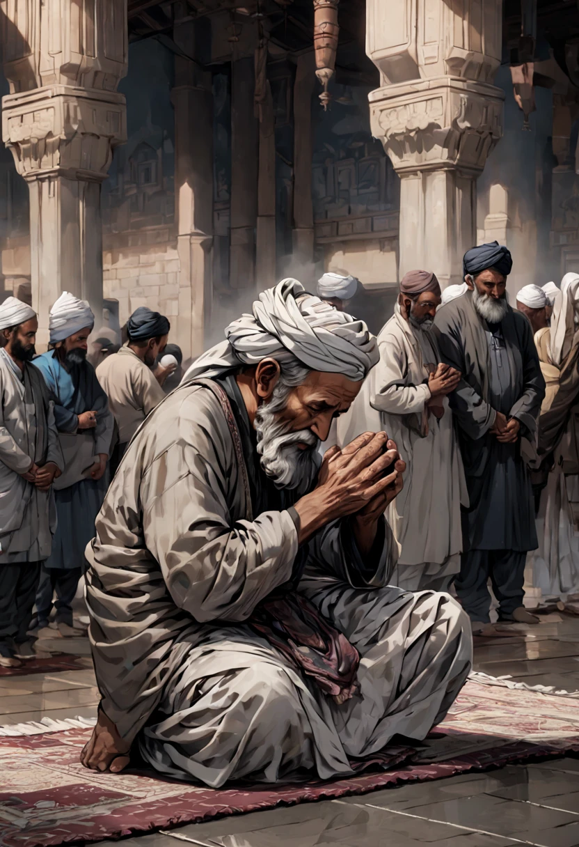 A male afghani elderly man, with hard wrinkles and white long beard, wearing a black turban, and a white, rose gold salwar kameez. He is in the mosque praying  on a prayer mat, the early   hours of the morning, fajr prayer. Hands tied together with one on the top as he is concentrating, praying for his parents who came before and his family and children in the present. Anime style, rtx, high  def, high res,  gaming ultra 24k and rtx unreal engine 6 PC masterace, ultra graphix