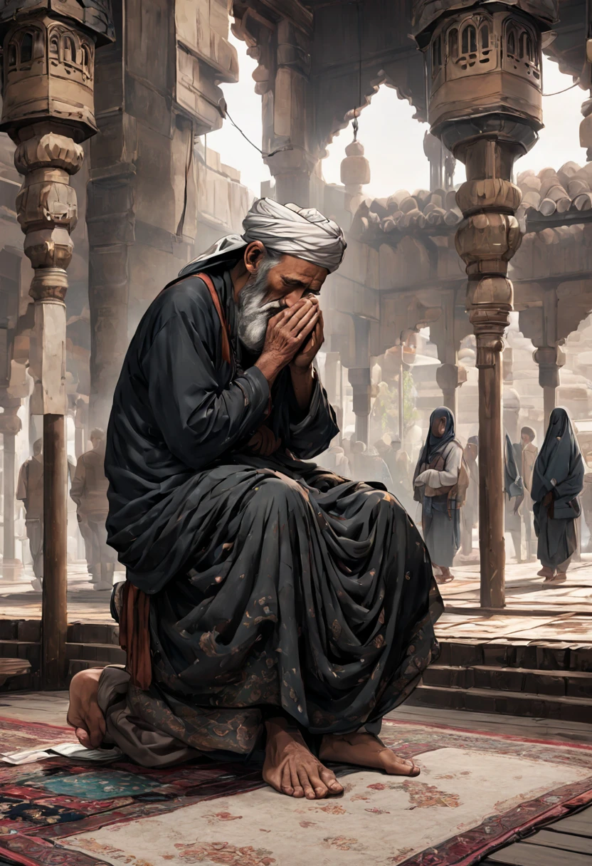 A male afghani elderly man, with hard wrinkles and white long beard, wearing a black turban, and a white, rose gold salwar kameez. He is in the mosque praying  on a prayer mat, the early   hours of the morning, fajr prayer. Hands tied together with one on the top as he is concentrating, praying for his parents who came before and his family and children in the present. Anime style, rtx, high  def, high res,  gaming ultra 24k and rtx unreal engine 6 PC masterace, ultra graphix