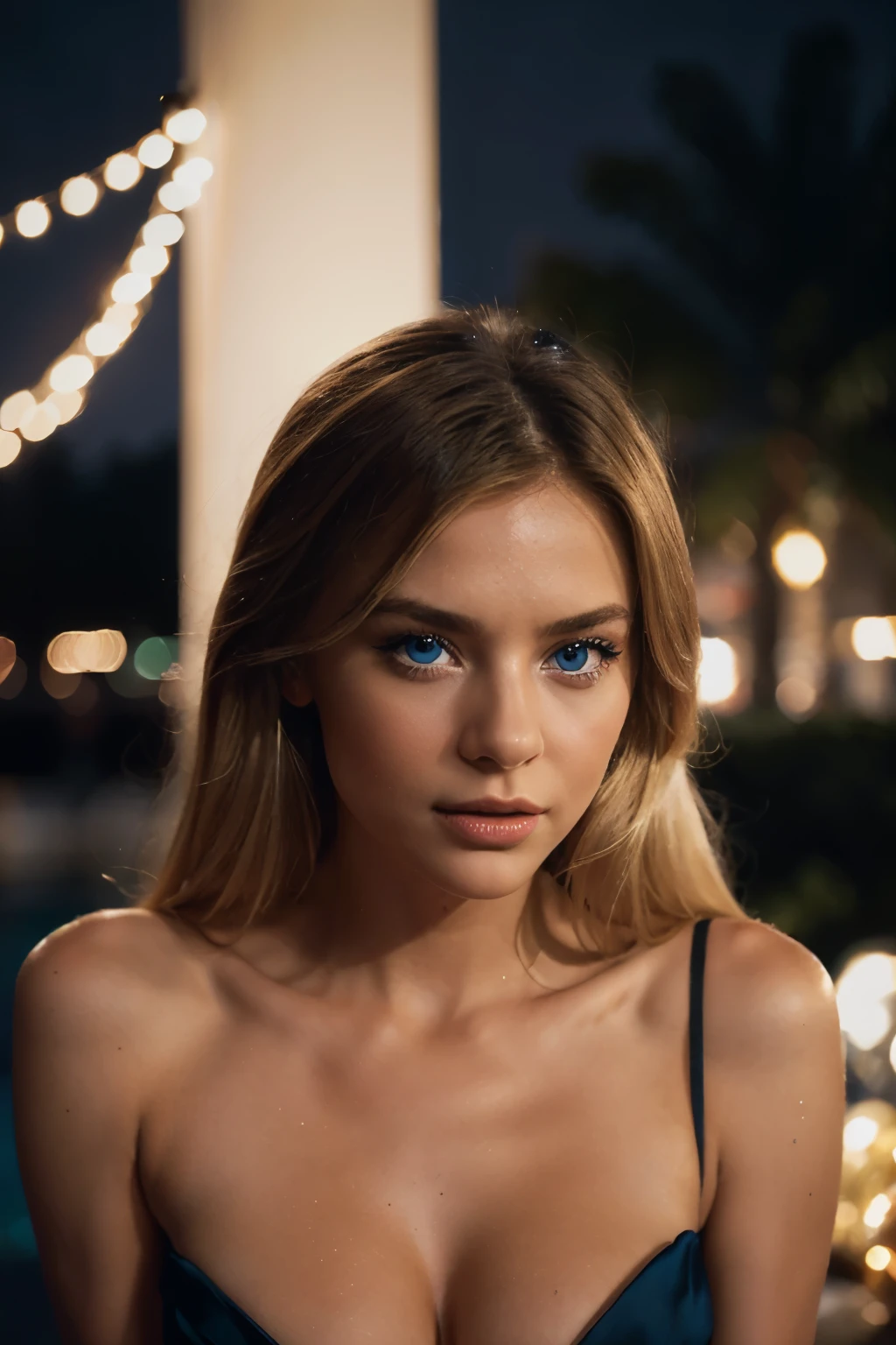 Photography, a captivating shot taken with a 50mm lens, capturing the essence of Helmut Newton's iconic style, showcasing a blonde girl with blue eyes in a sultry yet festive mood, draped in elegant Christmas lights, creating a mix of sensuality and holiday cheer, with a balanced color temperature and dramatic, directional lighting, evoking a chic and glamorous atmosphere