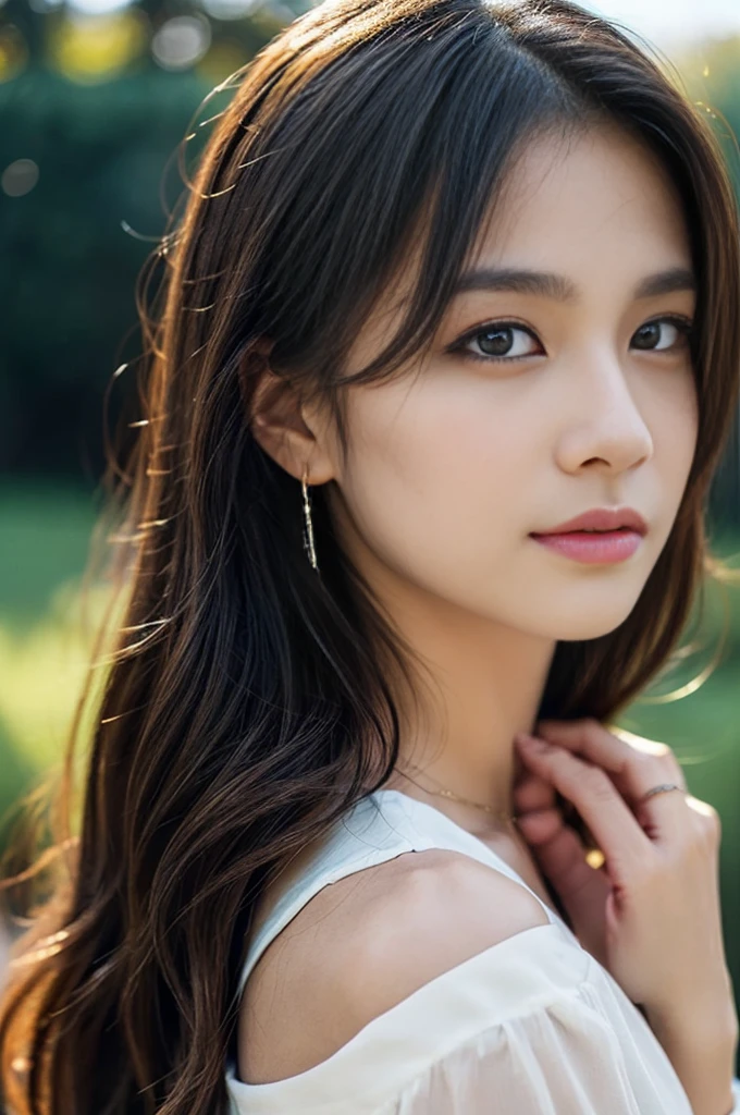 (Photoreal Stick:1.5, masutepiece:1.5, 8K), (top-quality, ​masterpiece, 超A high resolution), (Face Sharp Focus:1.45), Professional camera work:1.25, Highly detailed skin and facial texture:1.3, Grow Light Effect, The ultra-detailliert:1.3, 1girl in, Fair skin, (Sense of clarity:1.5), Extremely beautiful face:1.3, Sense of clarityを感じる目:0.9, looking distantly, Enraptured look:1.0, i love you completely:0.8, slightly open mouth:0.4, Sense of clarityを感じる口当たり:0.7, 二重まぶた, Dark brown medium hair, necklace and earrings, looking at viewert, (Intense sunlight:1.3, sunlight shining from behind:1.4, Strong sunlight spreads across the screen:1.3)