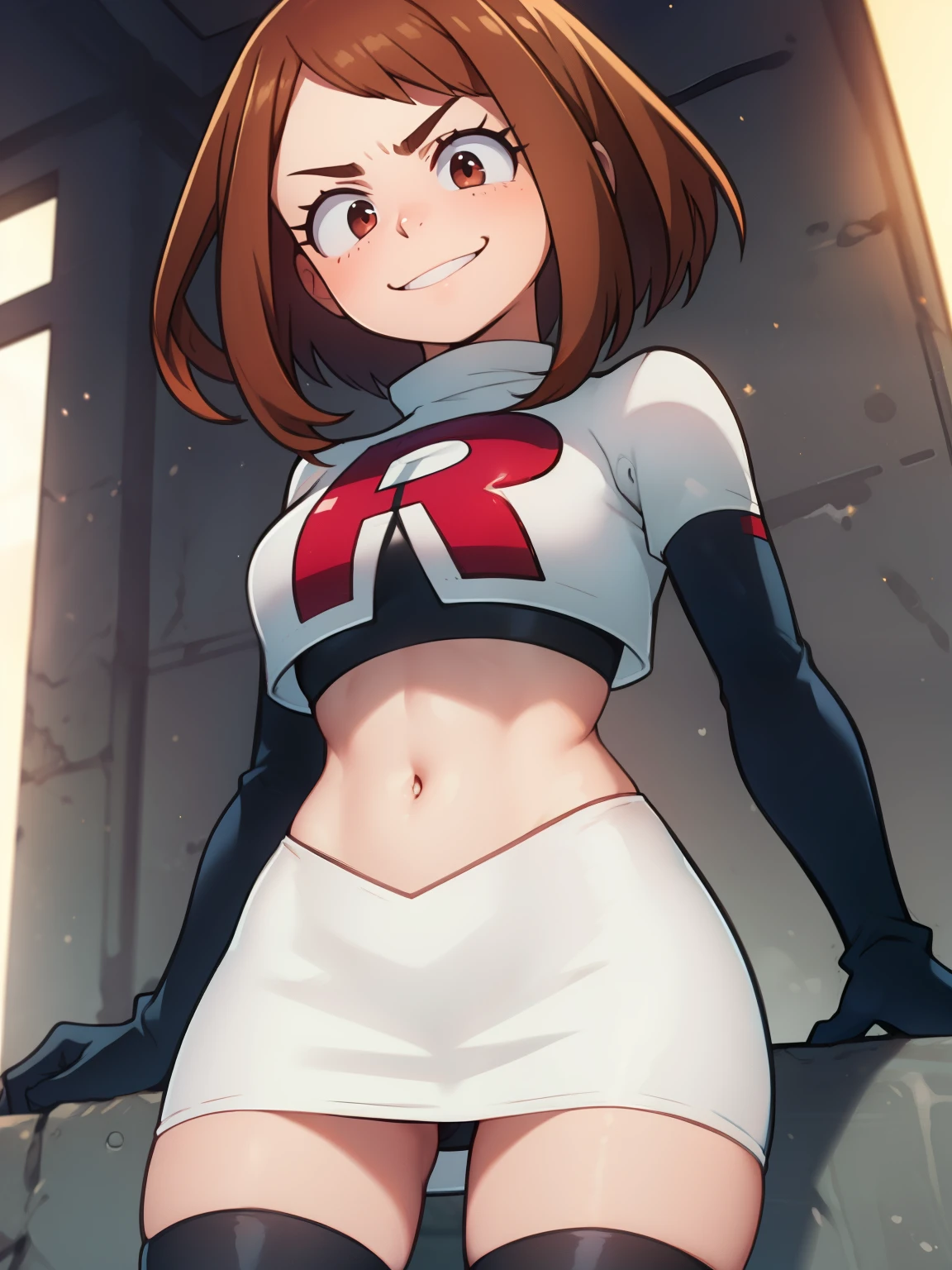 ochaco_uraraka, glossy lips ,team rocket uniform, red letter R, white skirt,white crop top,black thigh-high boots, black elbow gloves, evil sinister smile, evil face ,looking down at viewer, cowboy shot