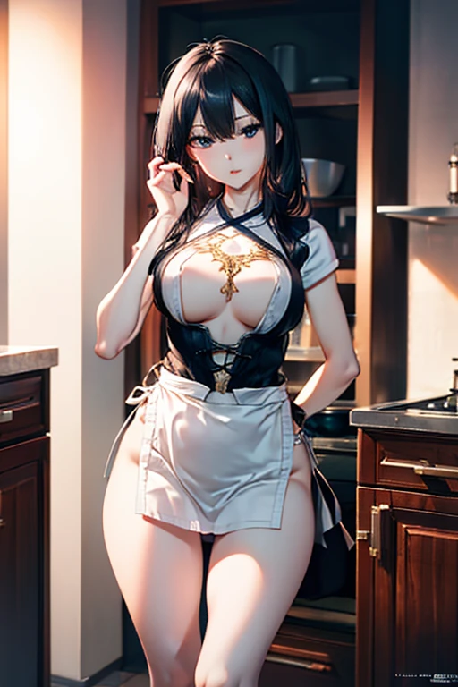 The most beautiful woman、Detailed body with large breasts、sexy facial expression、(Breastplate Apron)、(without panties:1.3), (No bra:1.1)、(opening legs)、Detailed lips、Two hands、(photorealestic:1.4), (Top image quality:1.0), (ultra-highres:1.0), 8K, Raw photography, (A masterpie:0.2), black hair, Kitchen