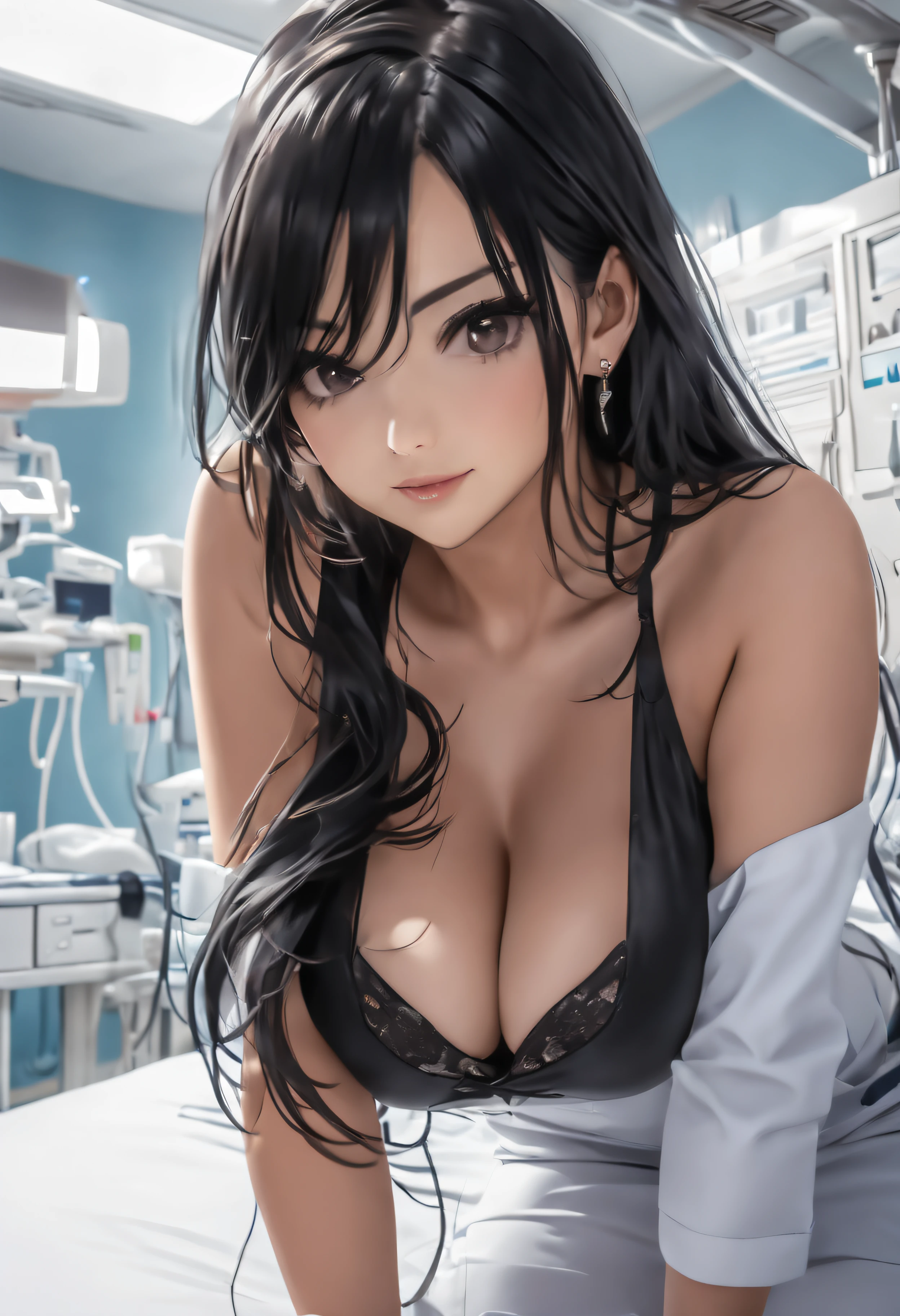 A stunning Japanese nurse with a body of perfection leans over the bed in a hospital room, strands of her long black hair (braided ponytail:1.2) fall down either side of her beautiful face as her attentive POV seductive gaze captures the viewer and freezes their view with the sheer beauty of this goddess, she has a (big naughty smile) expression of extreme passion, her huge cleavage is busting over the top of her (black bra:1.2) that is barely concealed by the ((white uniform:1.2)) tightly molded to her incredible curves, she oozes female sexuality with a come and fuck me look in her eyes, her ((black nylon stockings)) reflect the crisp hospital lights as she kneels on the bed, (hospital ward background), (best detailed), (best lighting), (ultra-detailed), (best quality), (pov) ,(32k masterpiece, RAW photo, best quality:1.4), absurdres, quixel megascan, ((SFW:1.5))