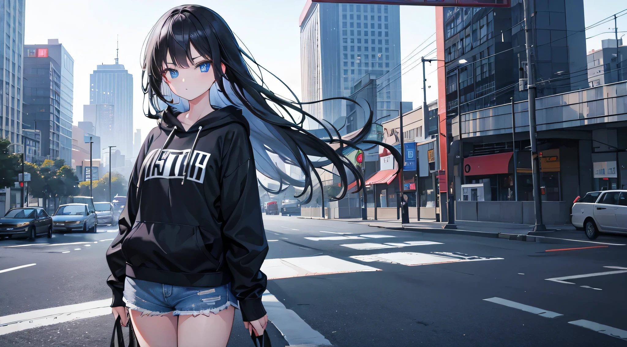 1girl, long black hair, blue eyes, wearing black hoodie, denim shorts, city, absurdres, high res, ultrasharp, 8K, masterpiece, looking at viewer