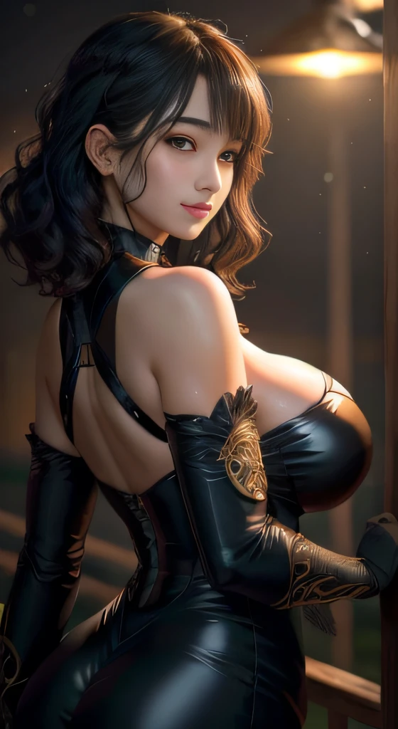 masutepiece, Best Quality、Realistic, ( Intricate details, depth of fields)、Hyper-Realism, 8K, Best Quality, Super Detail, retinas, ighly detailed, Perfect face, Perfect body, Huge breasts, Constriction, Very big ass, Glamour, indirect lighting, hair wavy、Shorthair、prety woman,A dark-haired、goddess of Japan、 the perfect appearance, Smile, ta, Oily skin、shinny skin、indirect lighting, Anatomically correct、Skin Texture、big eye、in a veiled dress、Outdoors with a beautiful night view、The back figure emphasized the buttocks