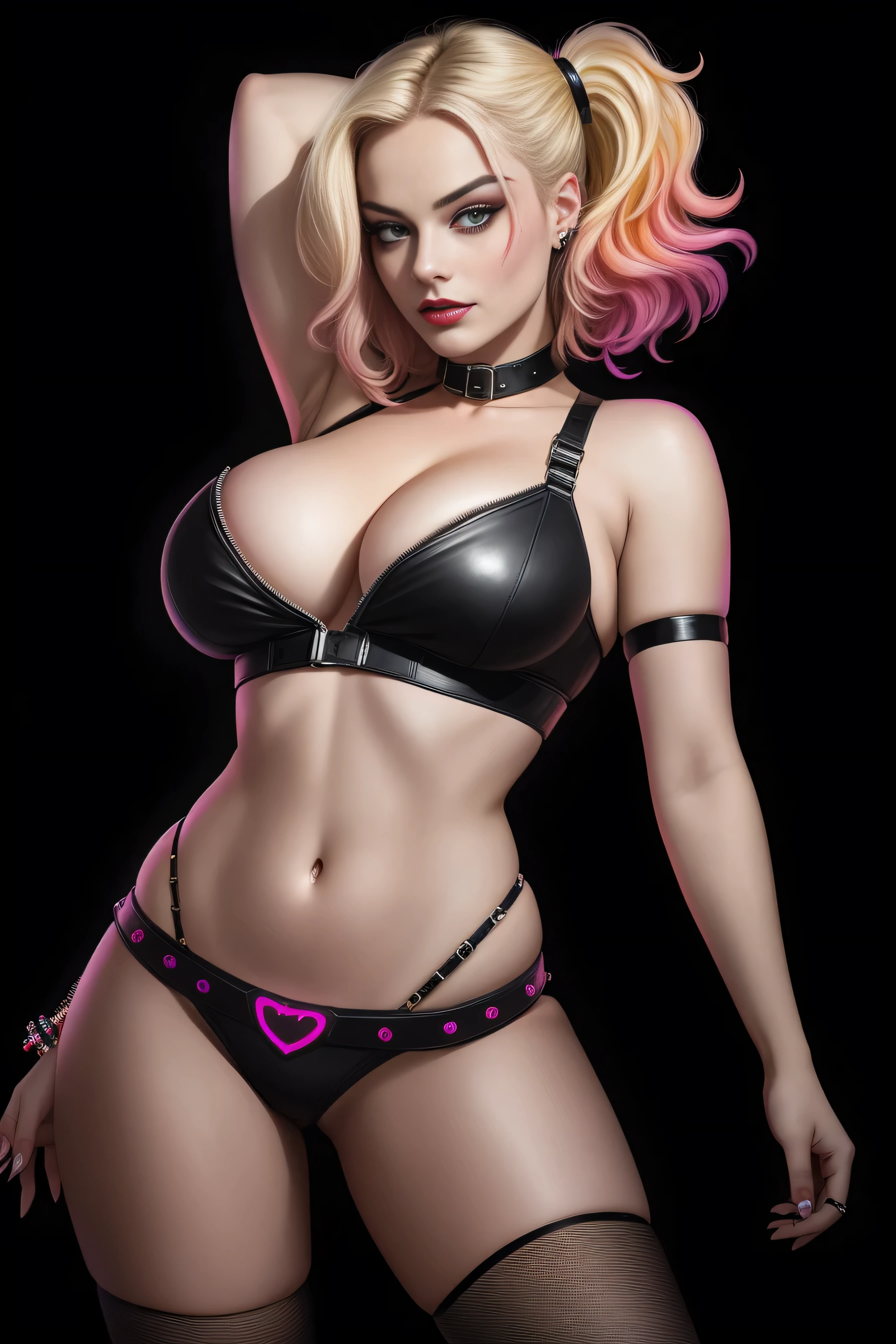 there is Margot Robbie as Harley Quinn standing, 3 d neon art of a woman's body, neon-noir background, cyberpunk femme fatale, seductive cyberpunk dark fantasy, cyberpunk strip clubs, cyberpunk 20 y. o model girl, oppai cyberpunk, banner, high definition cgsociety, cgsociety masterpiece, trending on cgstation, kda, random hair, looking at camera, gigantic breasts, cleavage, (high detailed skin:1.2), 8k uhd, dslr, super lighting, high quality, film grain, high res, highly detailed, hyper realistic, beautiful face, beautiful body, beautiful eyes nose lips, alluring expression, very bold, upper boobs visible, full body photo, standing legs apart, pale translucent glowing skin, most beautiful face, cute, (well defined pubic hair:1.2)), (dark plain black background:1.4))