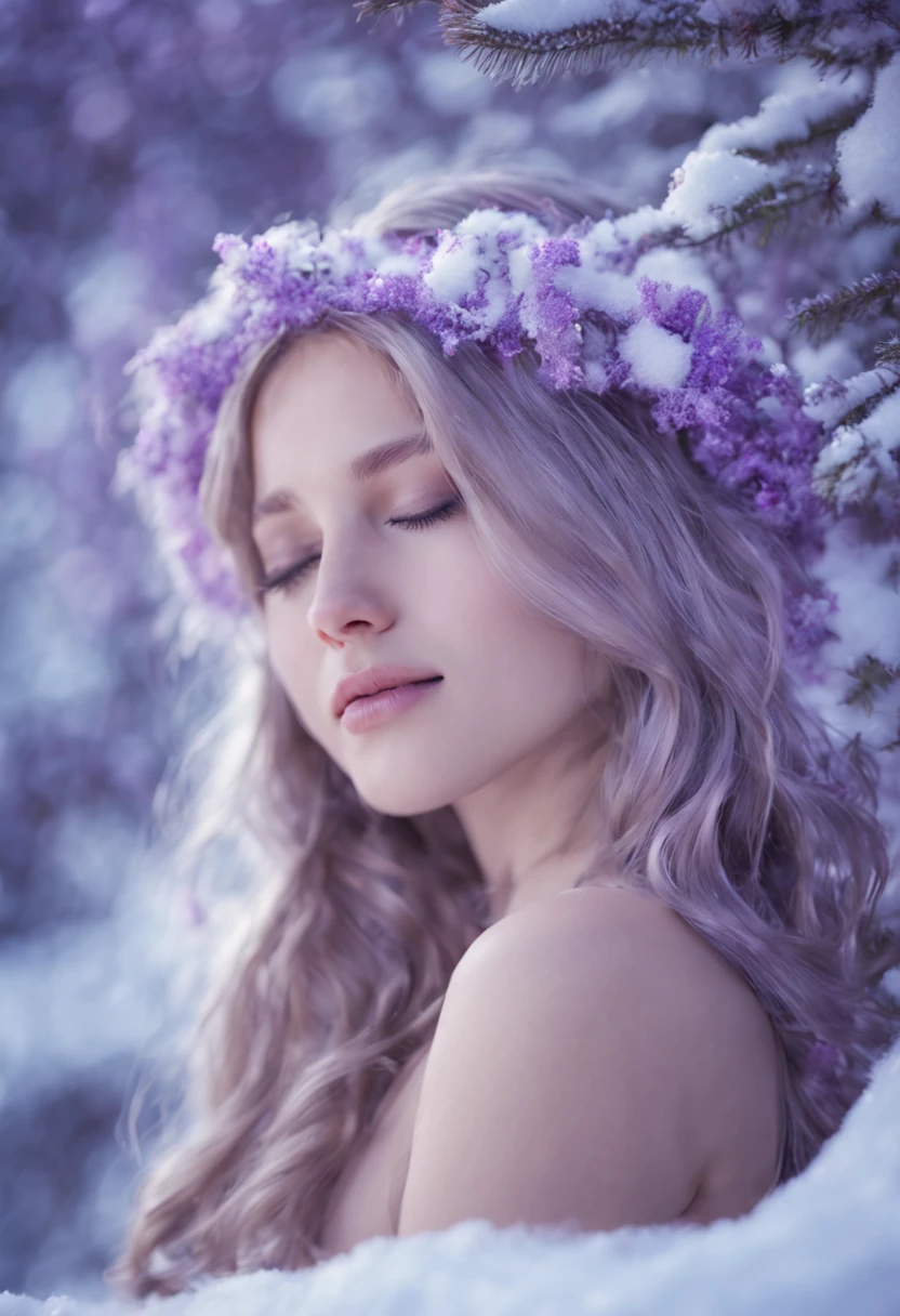 ((bestquality)), ((masterpiece)), (Detailed), perfect face,A girl with a young face, very beautiful, very cute.,Very long hair, lavender purple.,Sleeping naked,christmas festival,white snow