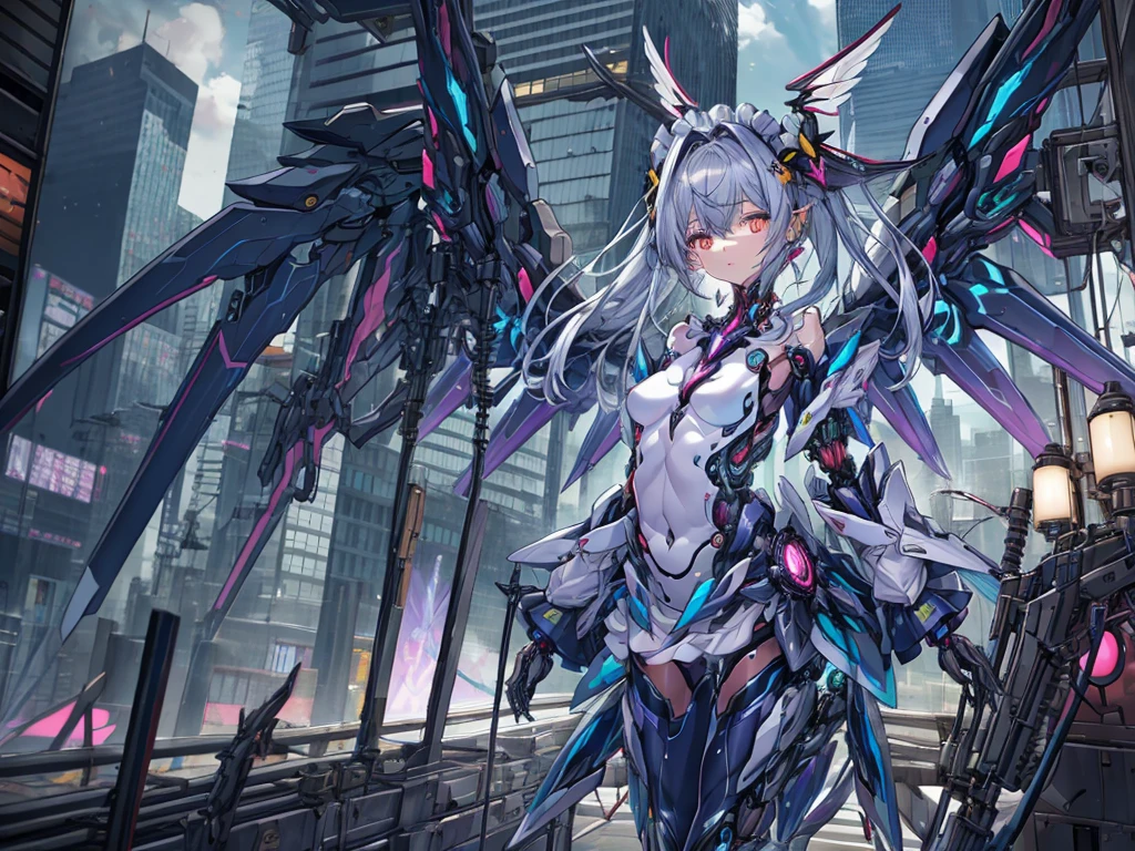 top-quality、ighly detailed、​masterpiece、((1girl in))、silber hair、length hair、Floating hair、、Cyber City、Neon building、(The upper part of the body:1.05)、extremely_Detailed_Eyes_And_Face,cybernetic wings mechanical wings、Random posture、Skyscraper、、Mechumusume、shrine maiden clothe,maid clothes、Random angles、anime styled,cowboy  shot